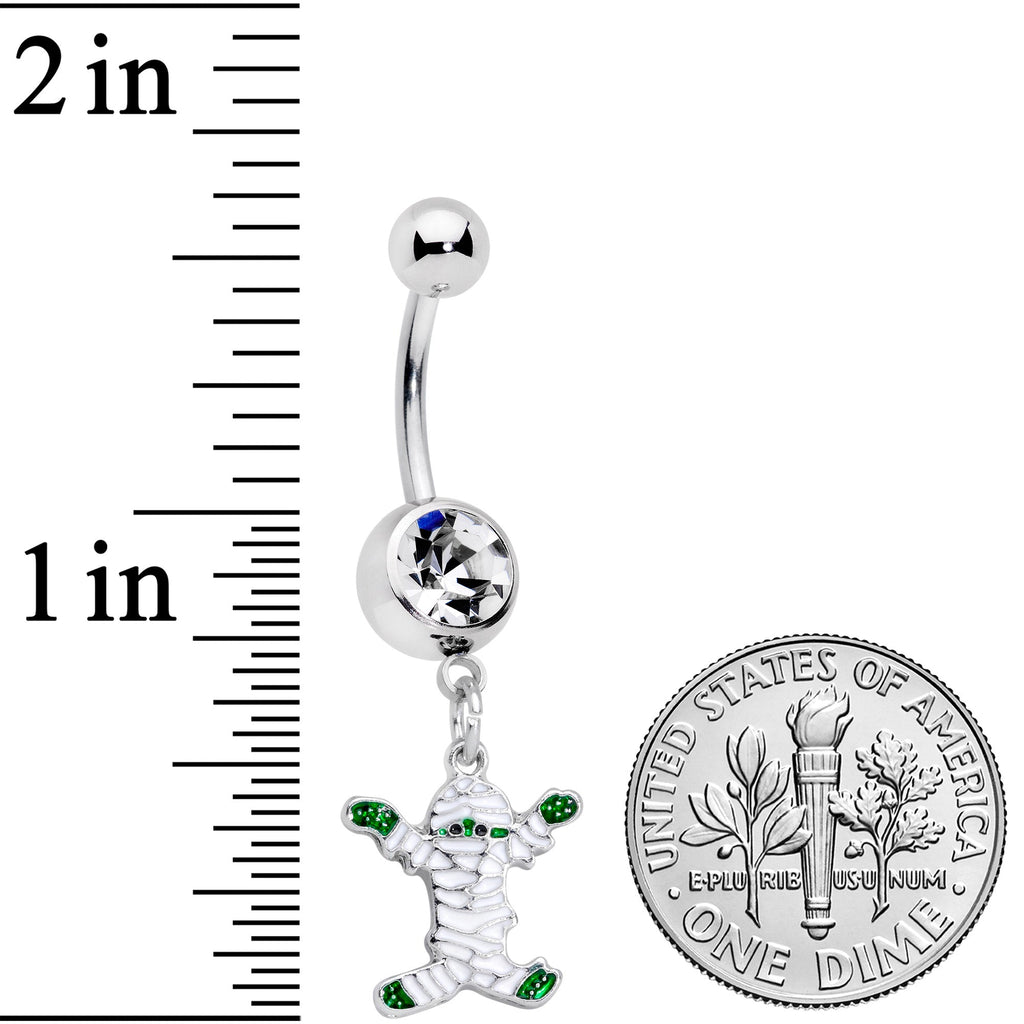 BodyCandy Clear Gem White Green Mummy Halloween Dangle Belly Ring — detail close-up