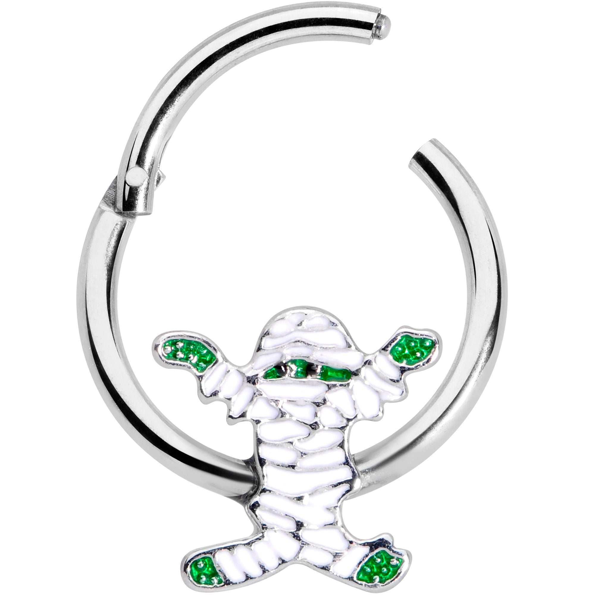 BodyCandy 16G 3/8 White Green Mummy Halloween Hinged Segment Ring — detail close-up