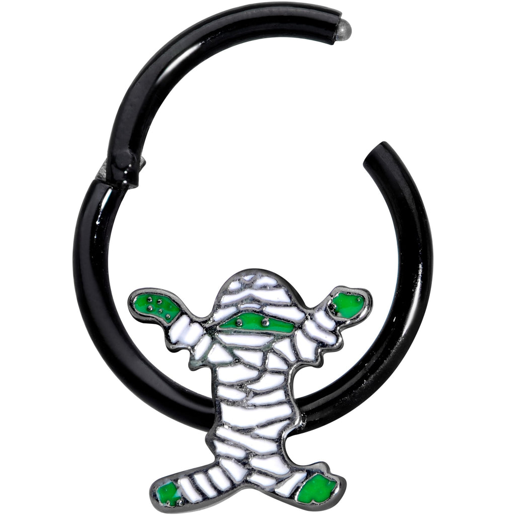 BodyCandy 16G 3/8 White Green Mummy Black Halloween Hinged Segment Ring — detail close-up