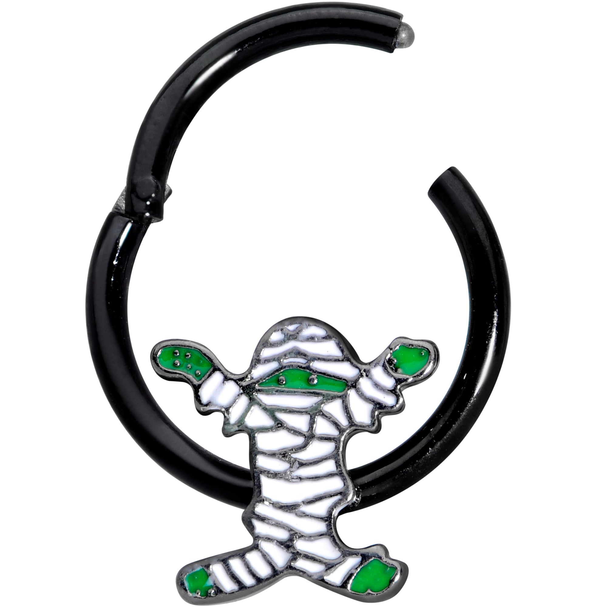 BodyCandy 16G 3/8 White Green Mummy Black Halloween Hinged Segment Ring — detail close-up