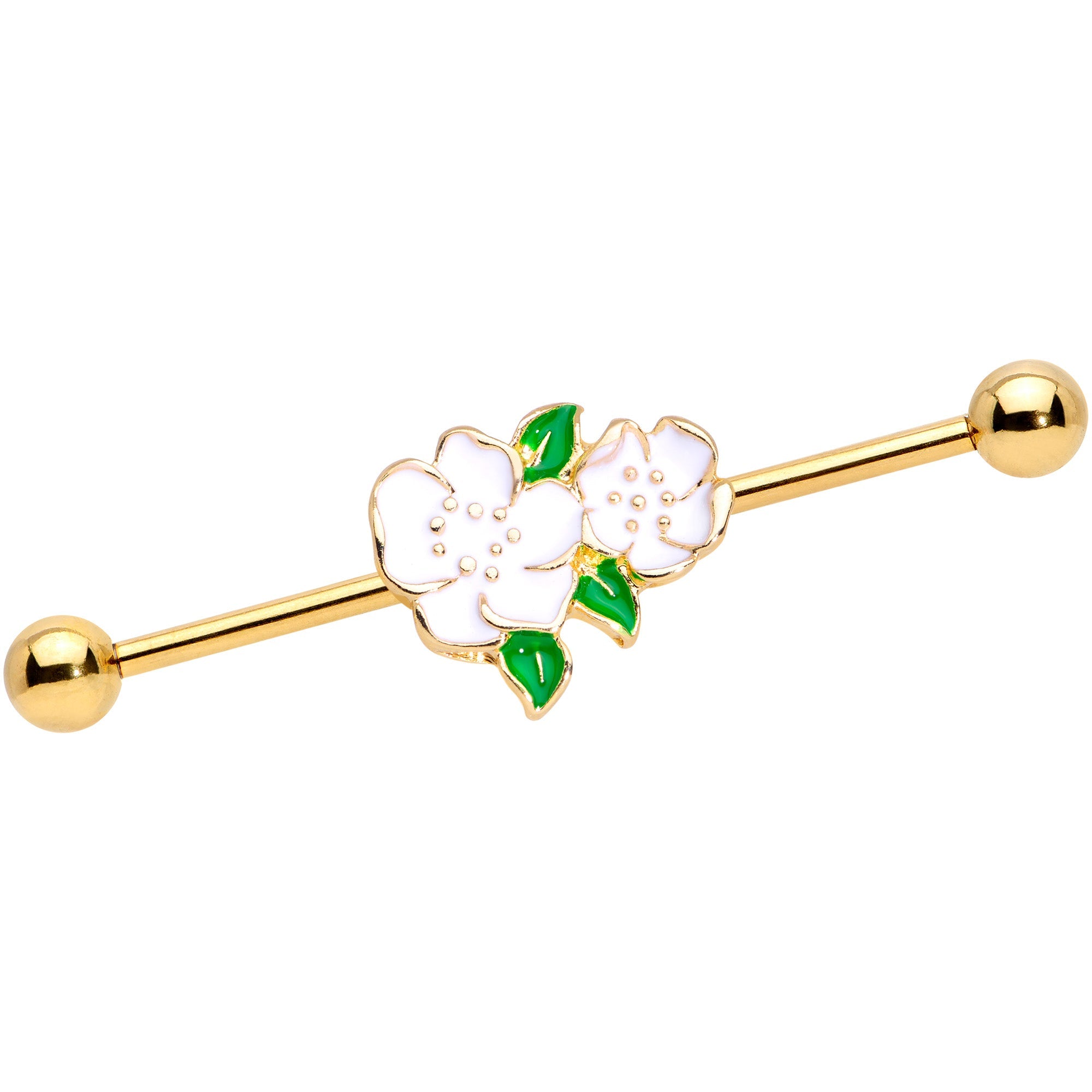 BodyCandy 14G Gold Tone White Gardenia Flower Industrial Barbell 38mm — main product shot