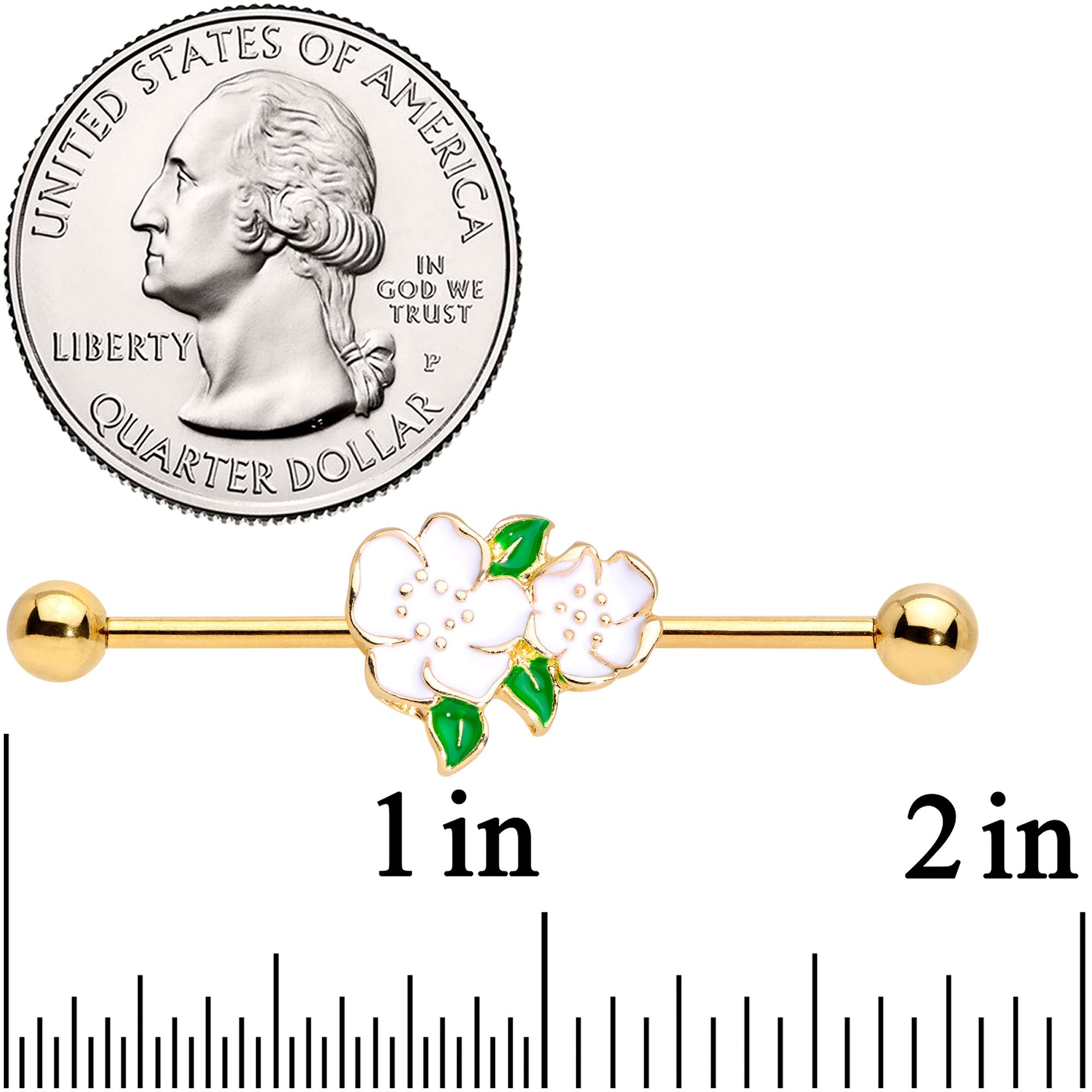 BodyCandy 14G Gold Tone White Gardenia Flower Industrial Barbell 38mm — detail close-up