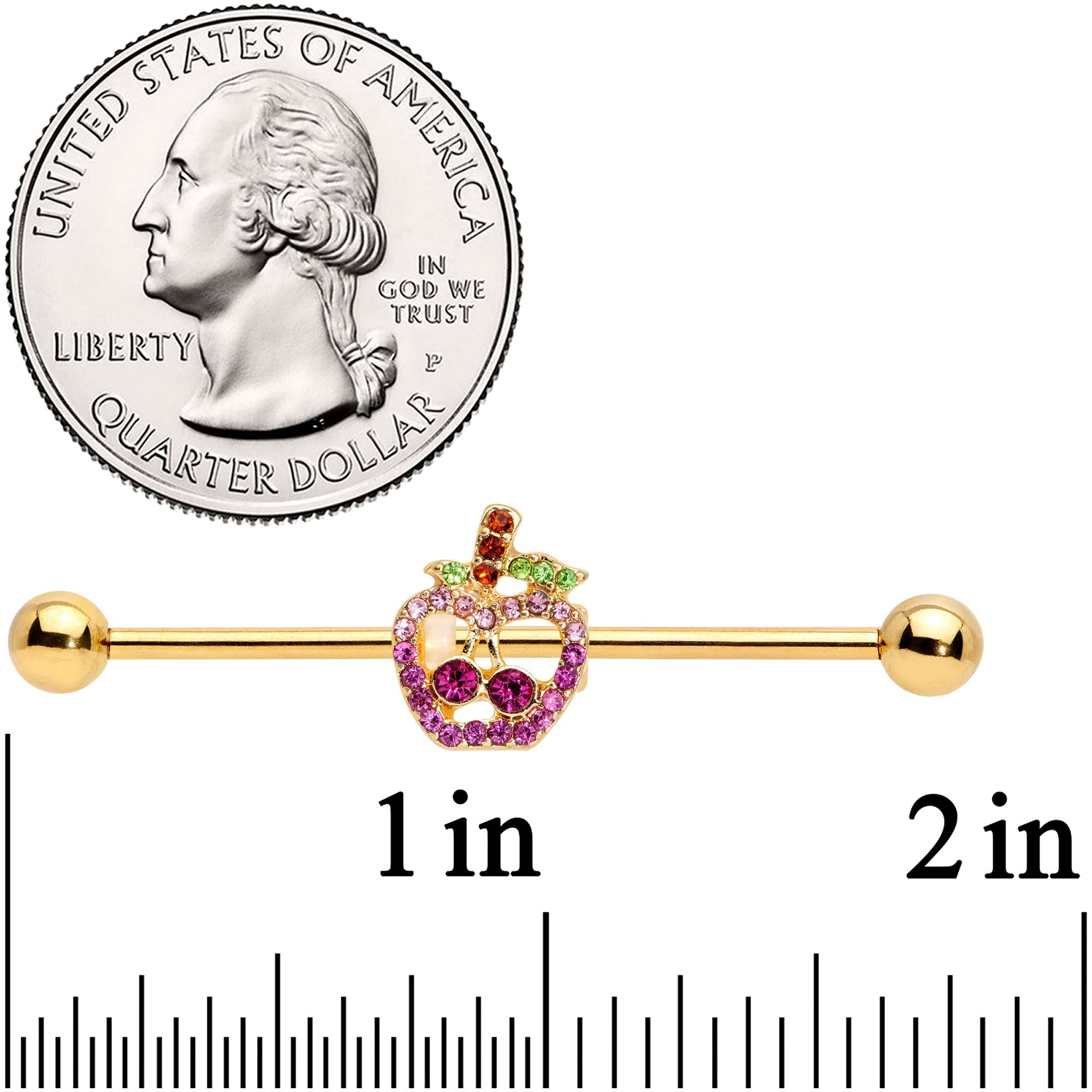 BodyCandy 14G Pink Purple Gem Gold Hue Apple Cherry Industrial Barbell 38mm — detail close-up