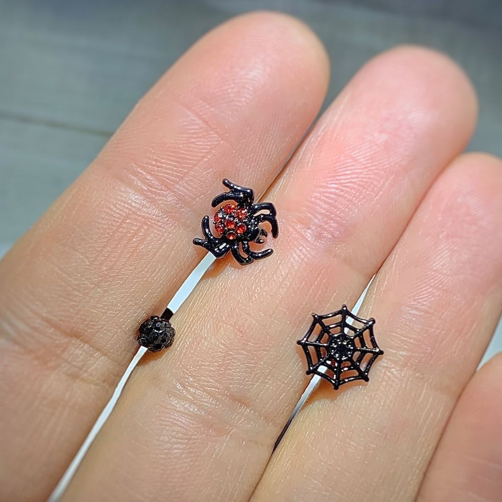 BodyCandy 16G 1/4 Black Red Gem Spider Halloween Cartilage Tragus Set of 3 — detail close-up