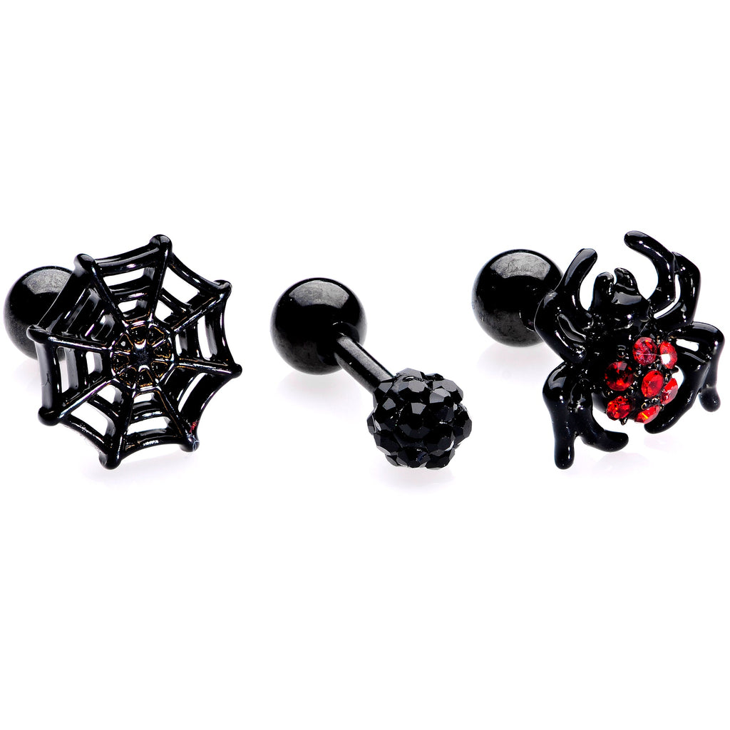 BodyCandy 16G 1/4 Black Red Gem Spider Halloween Cartilage Tragus Set of 3 — main product shot