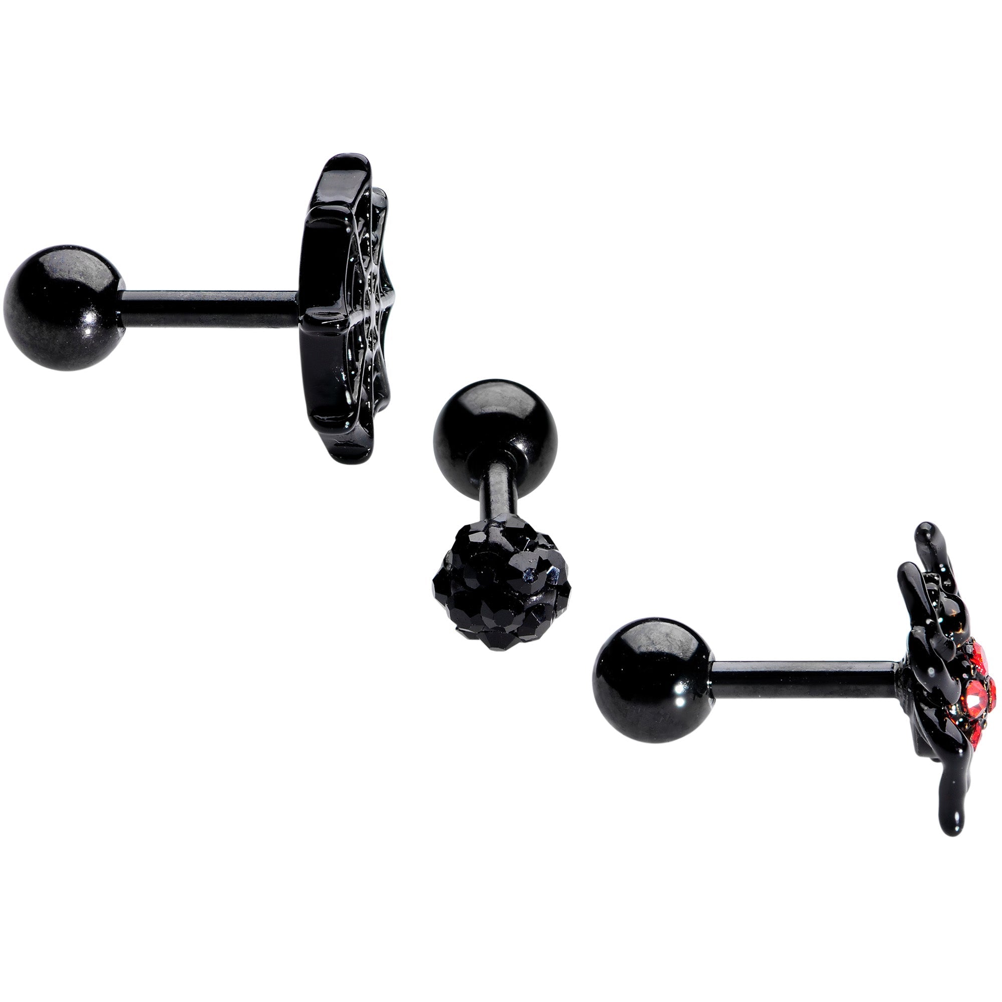 BodyCandy 16G 1/4 Black Red Gem Spider Halloween Cartilage Tragus Set of 3 — in-use photo