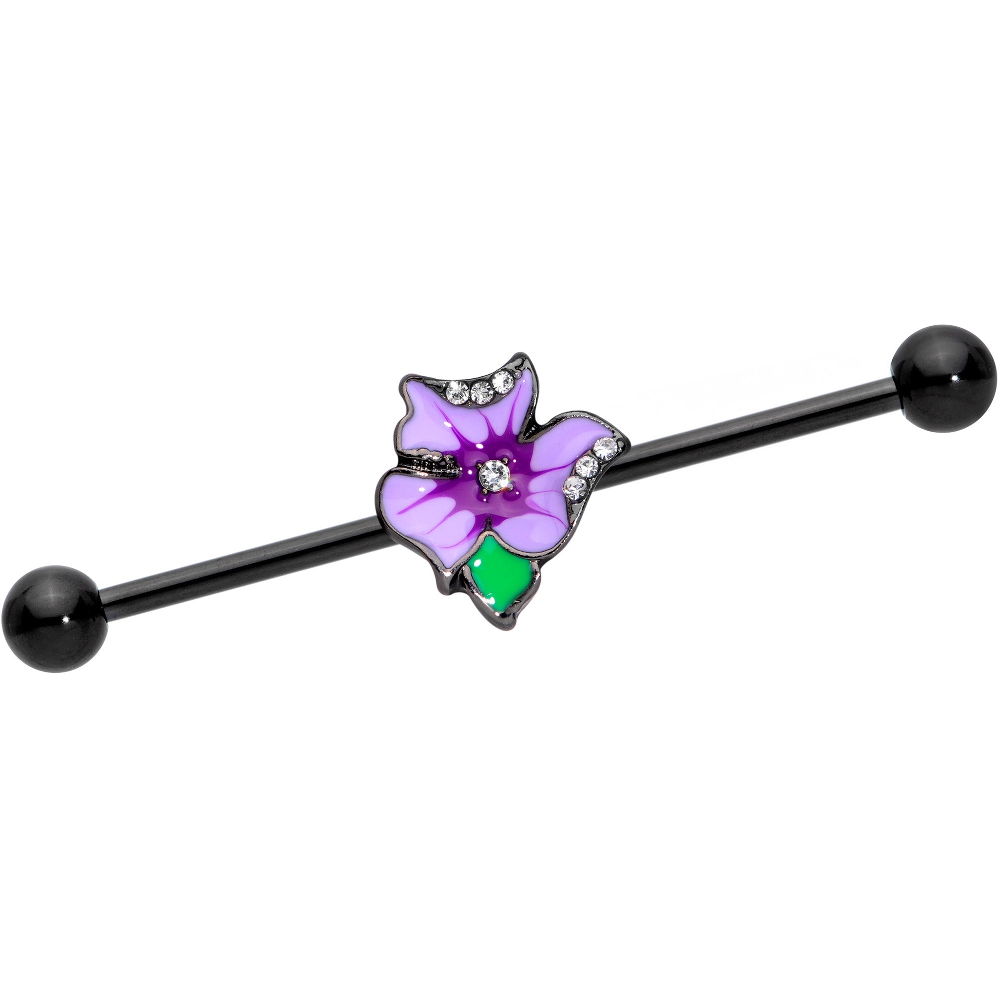 BodyCandy 14G Clear Gem Black Iris Flower Industrial Barbell 38mm — main product shot