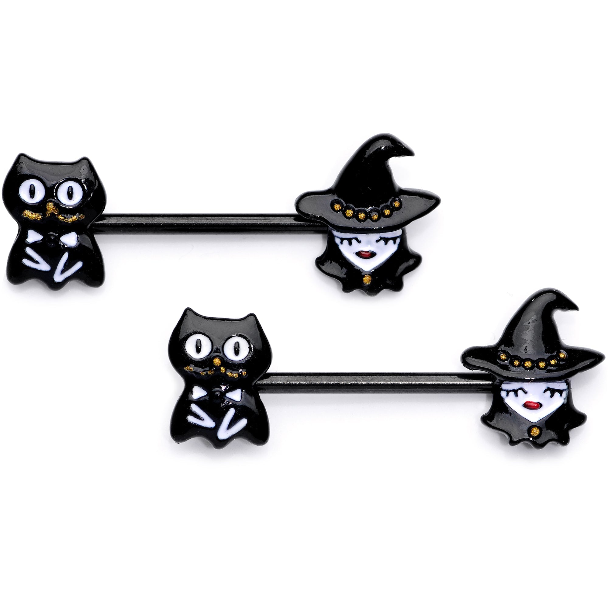 BodyCandy 14G 9/16 Black Cat Pretty Witch Halloween Barbell Nipple Ring Set — main product shot