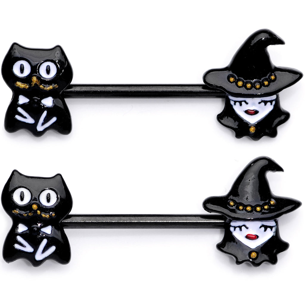 BodyCandy 14G 9/16 Black Cat Pretty Witch Halloween Barbell Nipple Ring Set — detail close-up