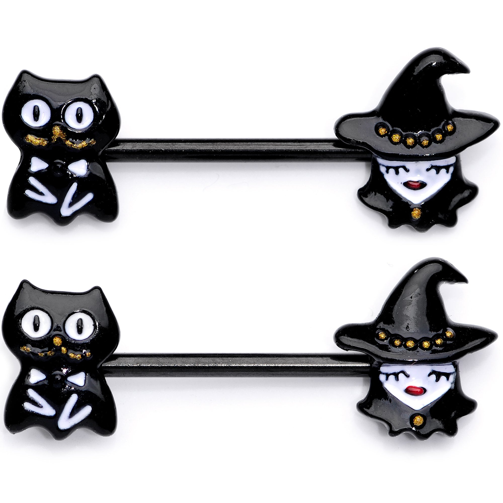 BodyCandy 14G 9/16 Black Cat Pretty Witch Halloween Barbell Nipple Ring Set — detail close-up