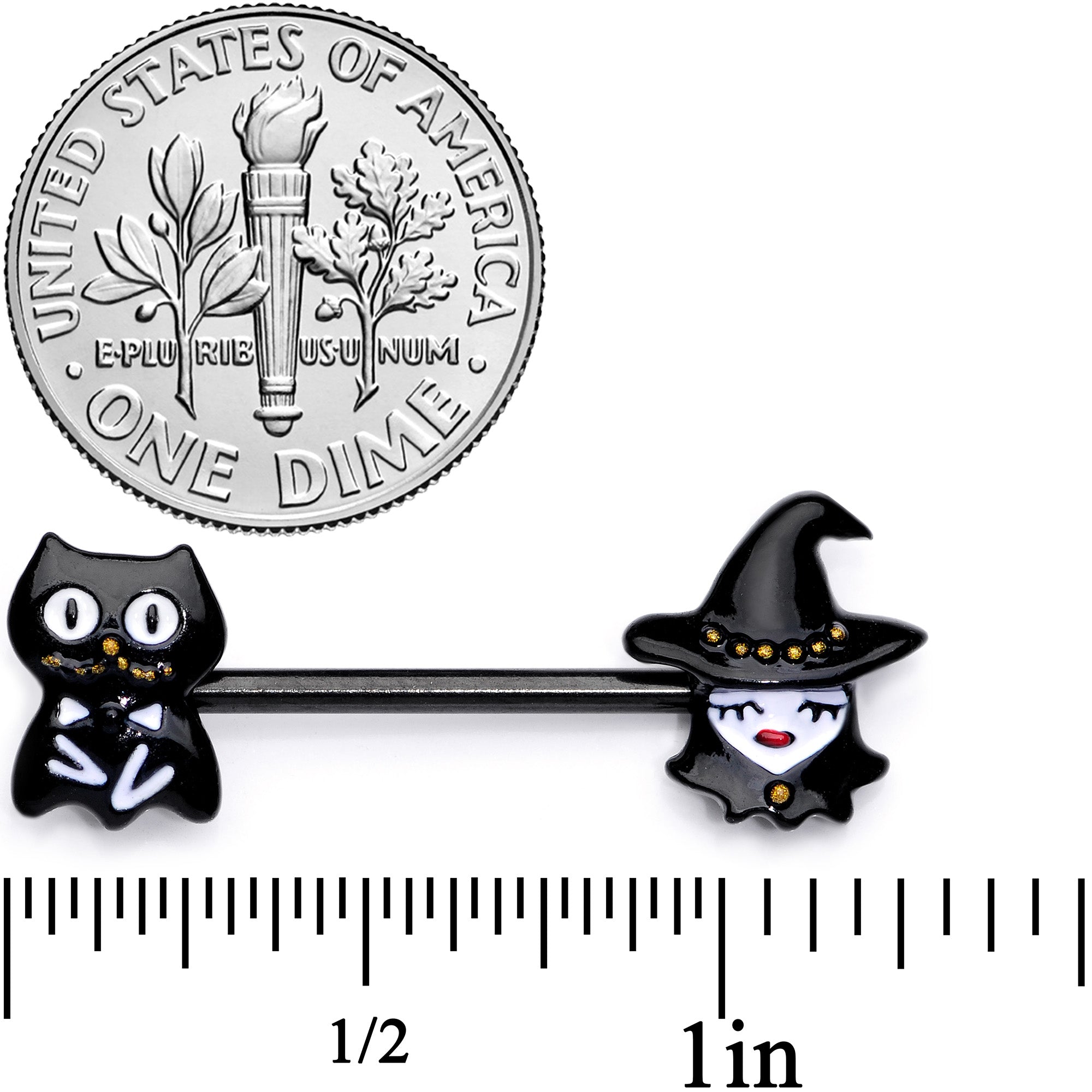 BodyCandy 14G 9/16 Black Cat Pretty Witch Halloween Barbell Nipple Ring Set — lifestyle context