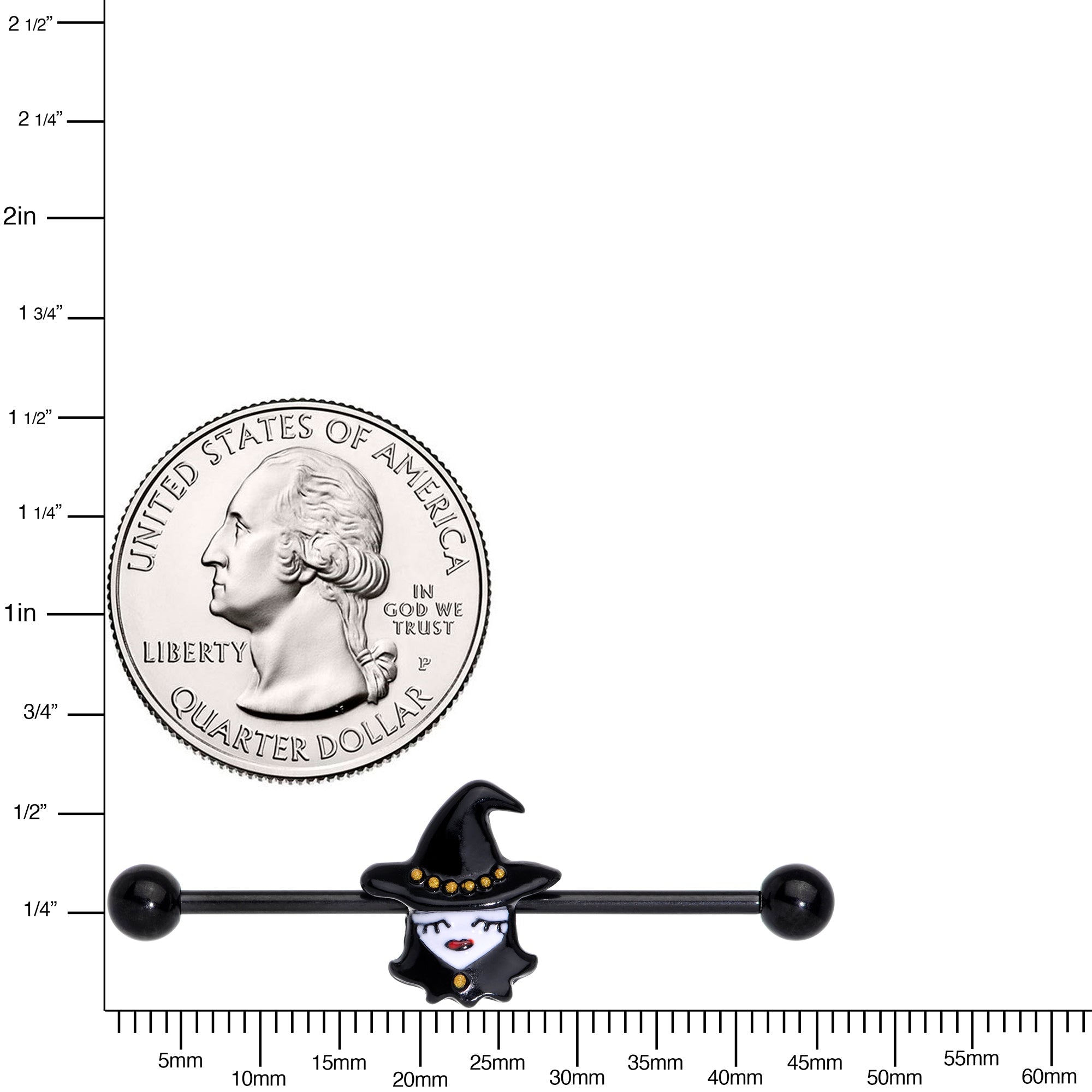BodyCandy 14G Black Goth Witch Halloween Industrial Barbell 38mm — detail close-up