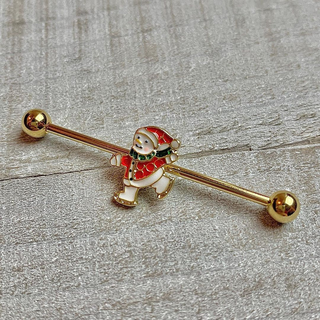 BodyCandy 14G Gold Tone Skating Snowman Christmas Industrial Barbell 38mm — detail close-up