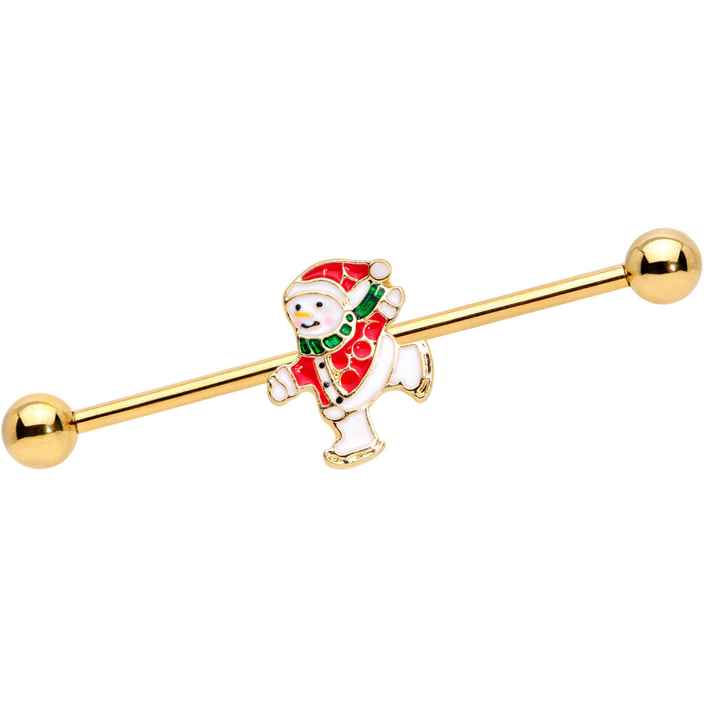 BodyCandy 14G Gold Tone Skating Snowman Christmas Industrial Barbell 38mm — main product shot