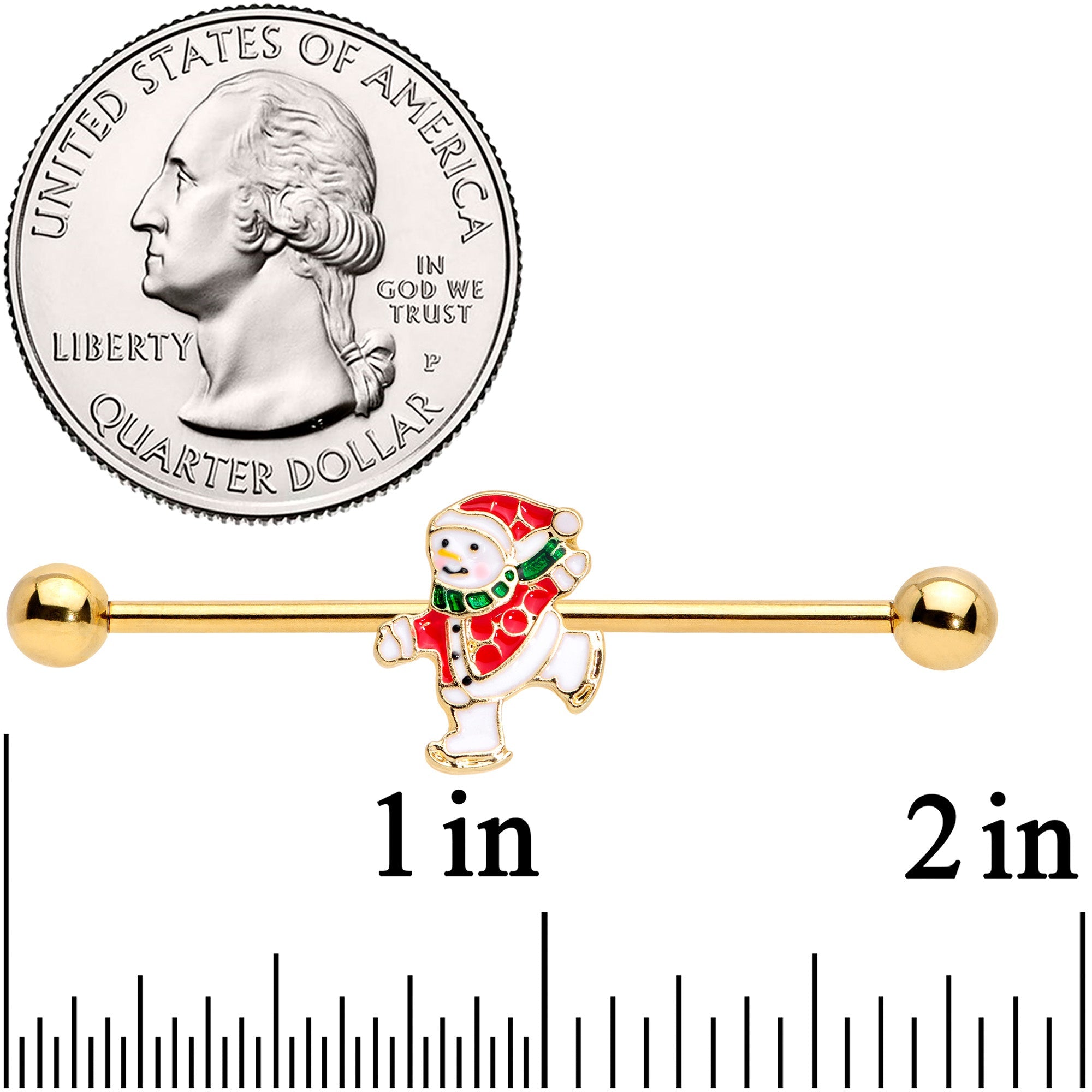 BodyCandy 14G Gold Tone Skating Snowman Christmas Industrial Barbell 38mm — lifestyle context