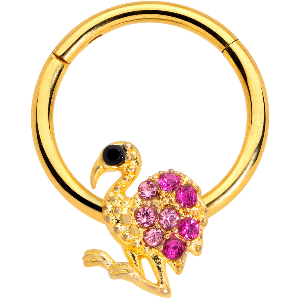 BodyCandy 16G 3/8  Pink Gem Gold Tone Fashion Flamingo Hinged Segment Ring — main product shot