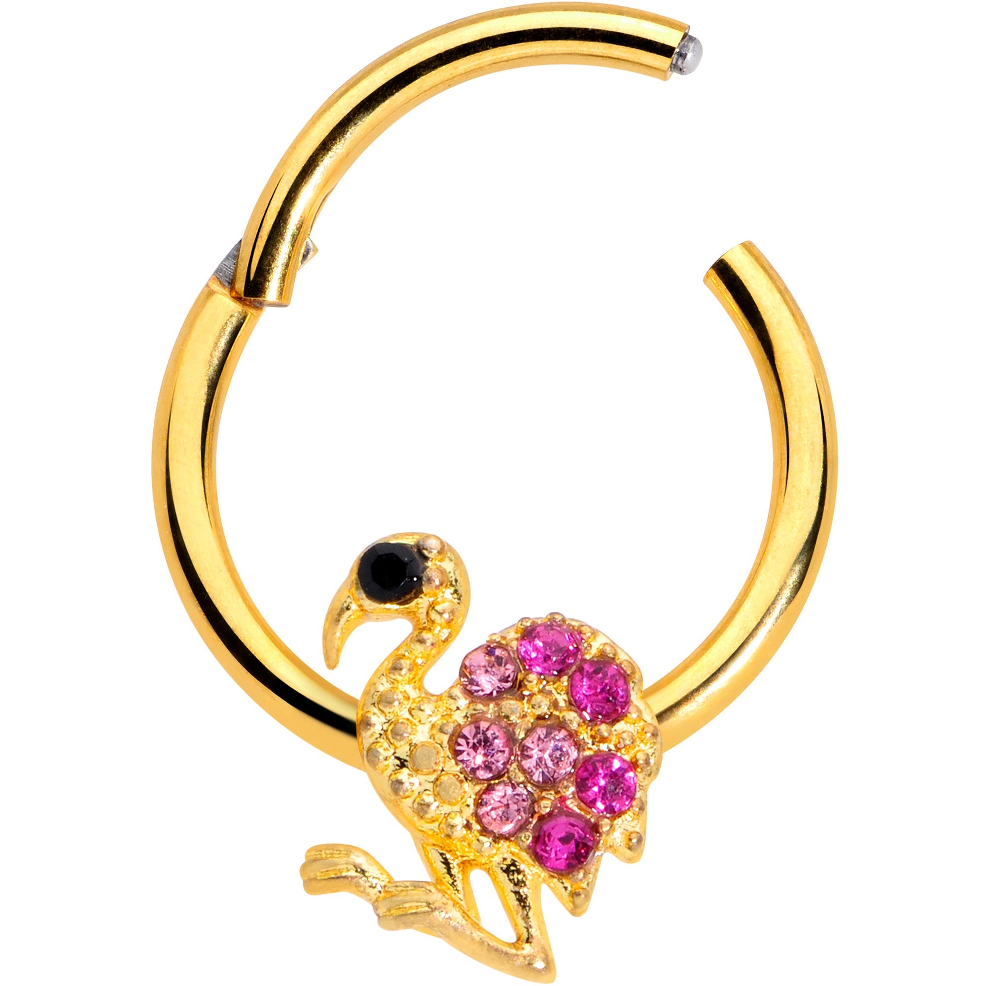 BodyCandy 16G 3/8  Pink Gem Gold Tone Fashion Flamingo Hinged Segment Ring — detail close-up