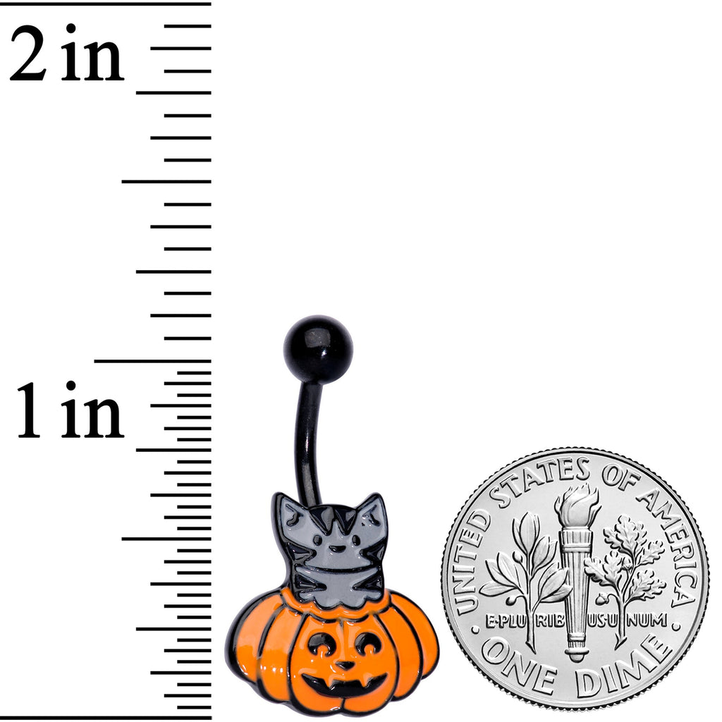 BodyCandy Black Gem Black Cat Surprise Pumpkin Halloween Belly Ring — detail close-up