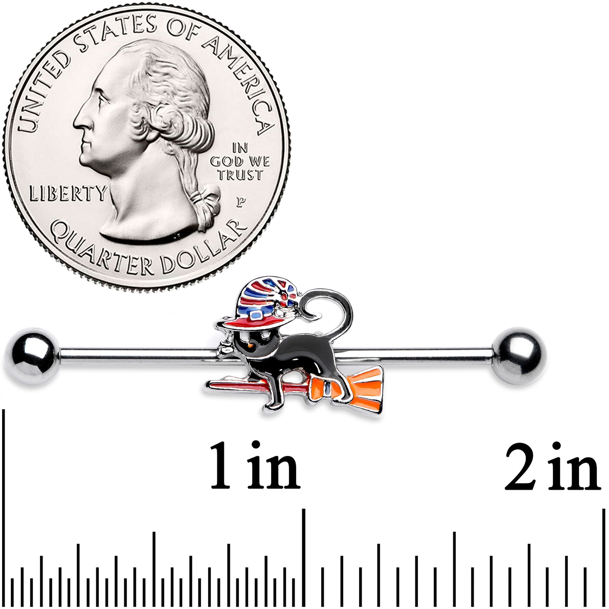 BodyCandy 14G Black Cat Witch Halloween Industrial Barbell 38mm — detail close-up