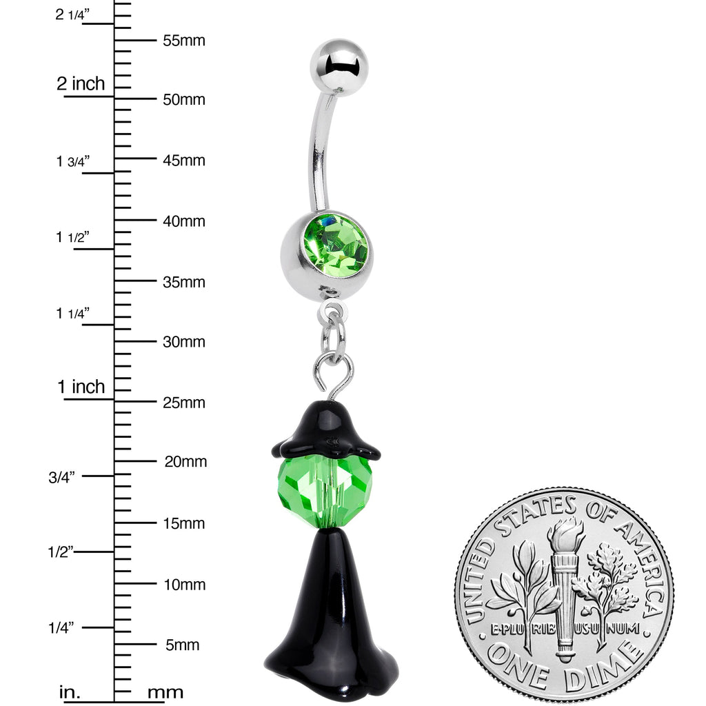 BodyCandy Green Gem Spooky Witch Halloween Dangle Belly Ring — detail close-up