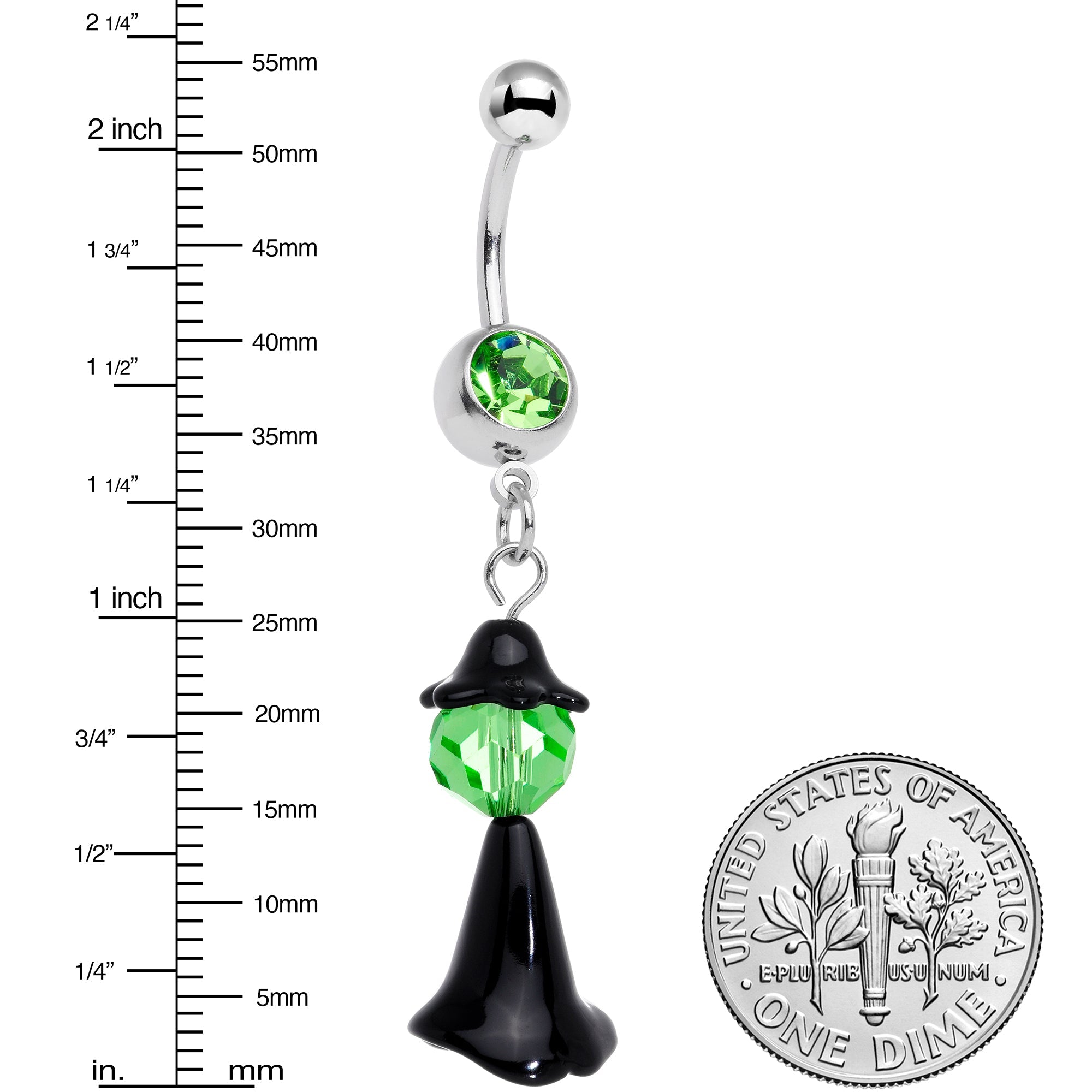 BodyCandy Green Gem Spooky Witch Halloween Dangle Belly Ring — detail close-up