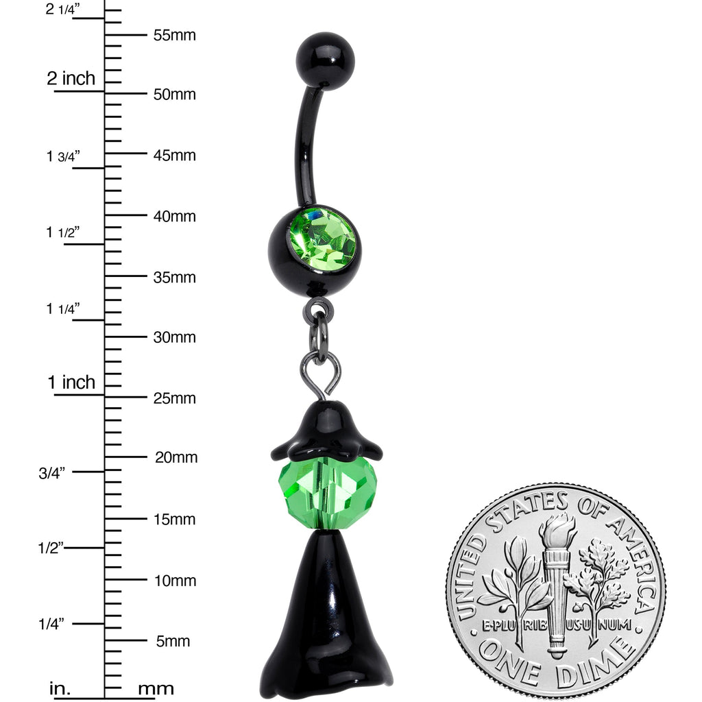 BodyCandy Green Gem Black Spooky Witch Halloween Dangle Belly Ring — detail close-up