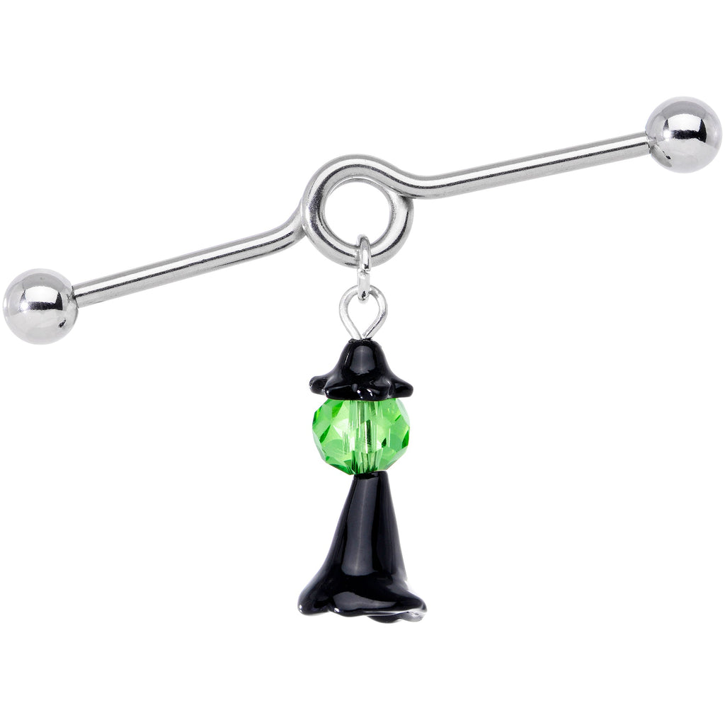 BodyCandy 14G Green Gem Spooky Witch Halloween Dangle Project Bar 38mm — main product shot