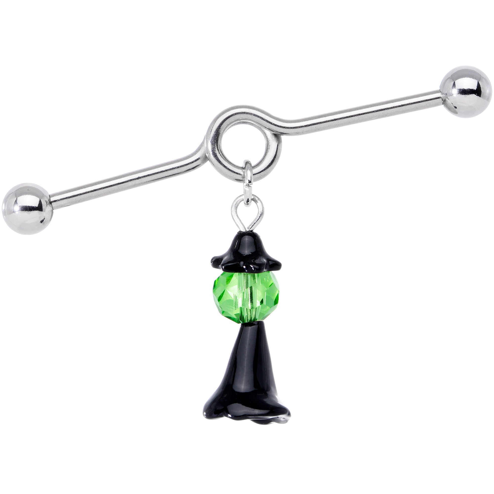BodyCandy 14G Green Gem Spooky Witch Halloween Dangle Project Bar 38mm — main product shot