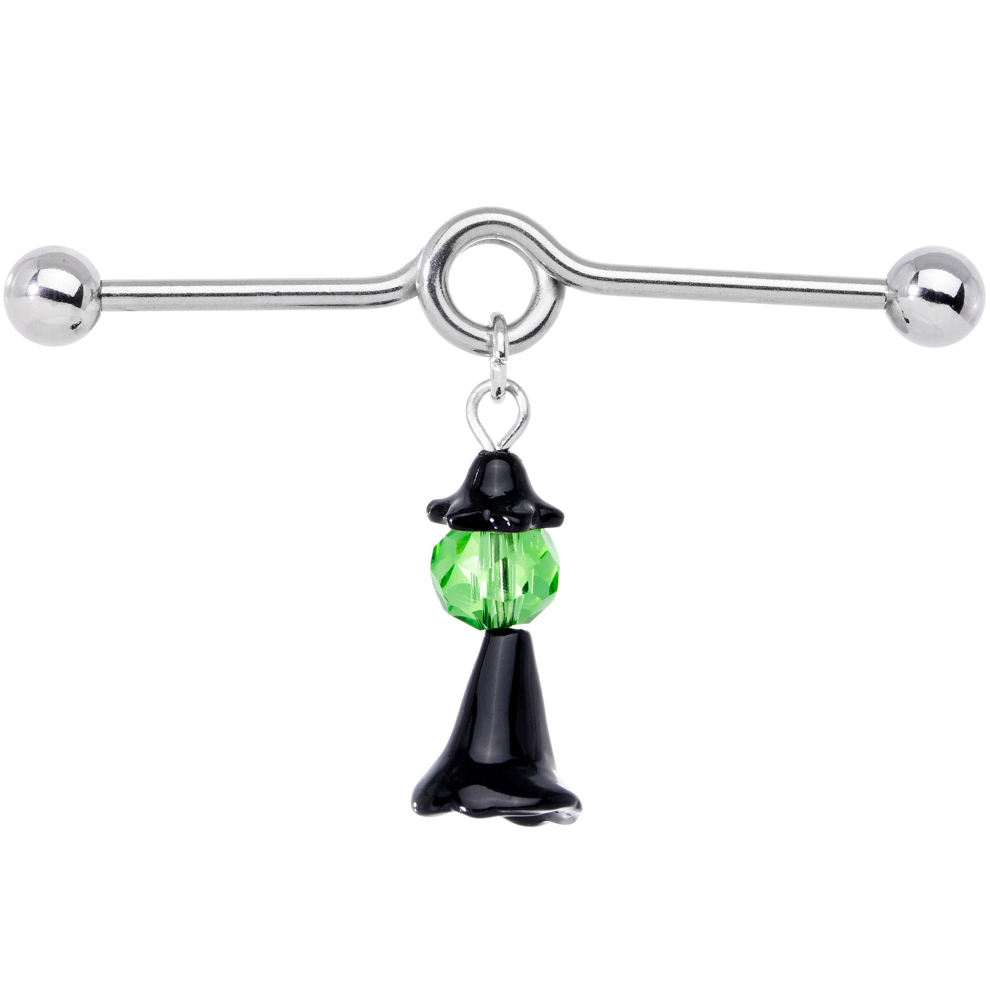 BodyCandy 14G Green Gem Spooky Witch Halloween Dangle Project Bar 38mm — detail close-up