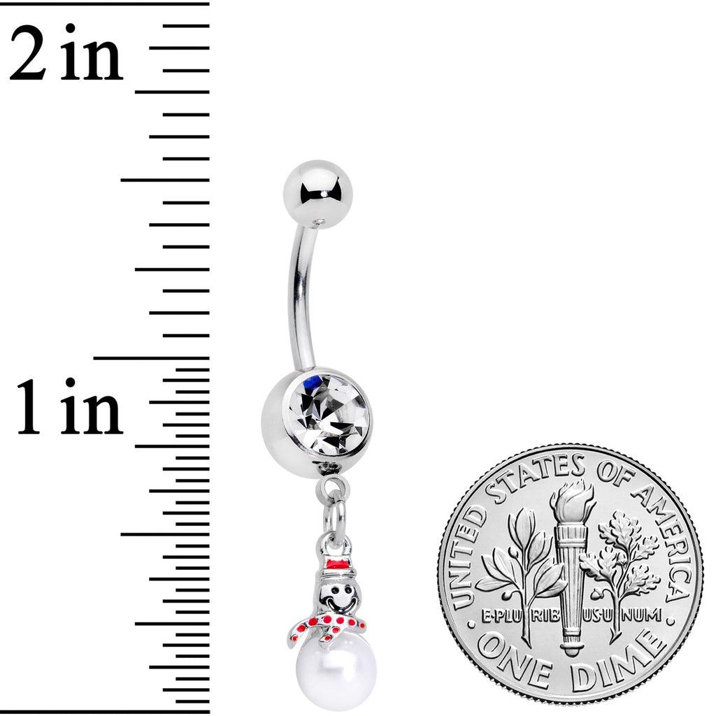 BodyCandy Clear Gem Pearlescent Snowman Christmas Dangle Belly Ring — detail close-up