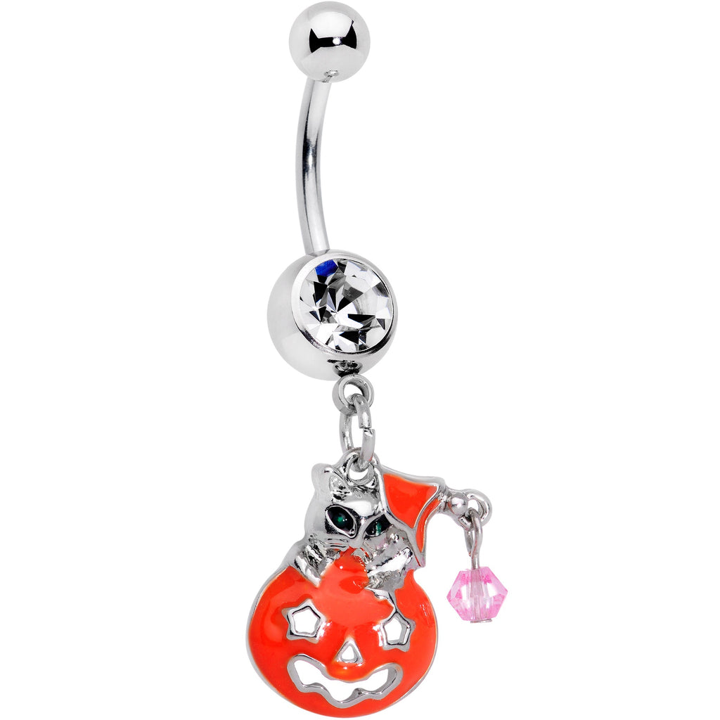 BodyCandy Clear Pink Gem Kitty Pumpkin Surprise Halloween Dangle Belly Ring — main product shot