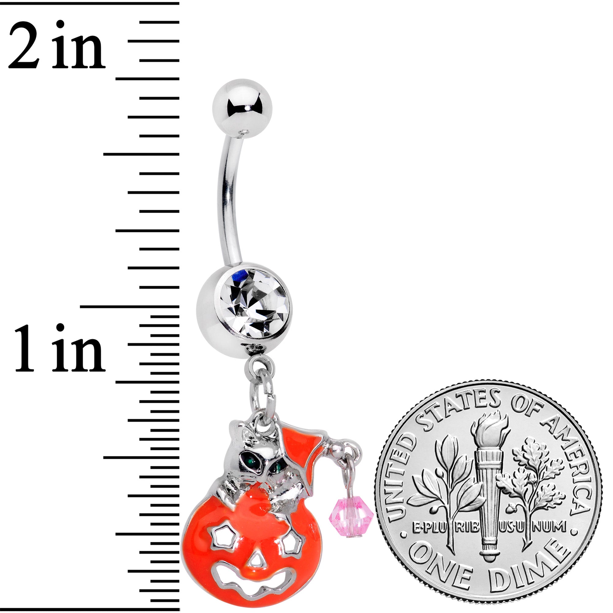 BodyCandy Clear Pink Gem Kitty Pumpkin Surprise Halloween Dangle Belly Ring — detail close-up