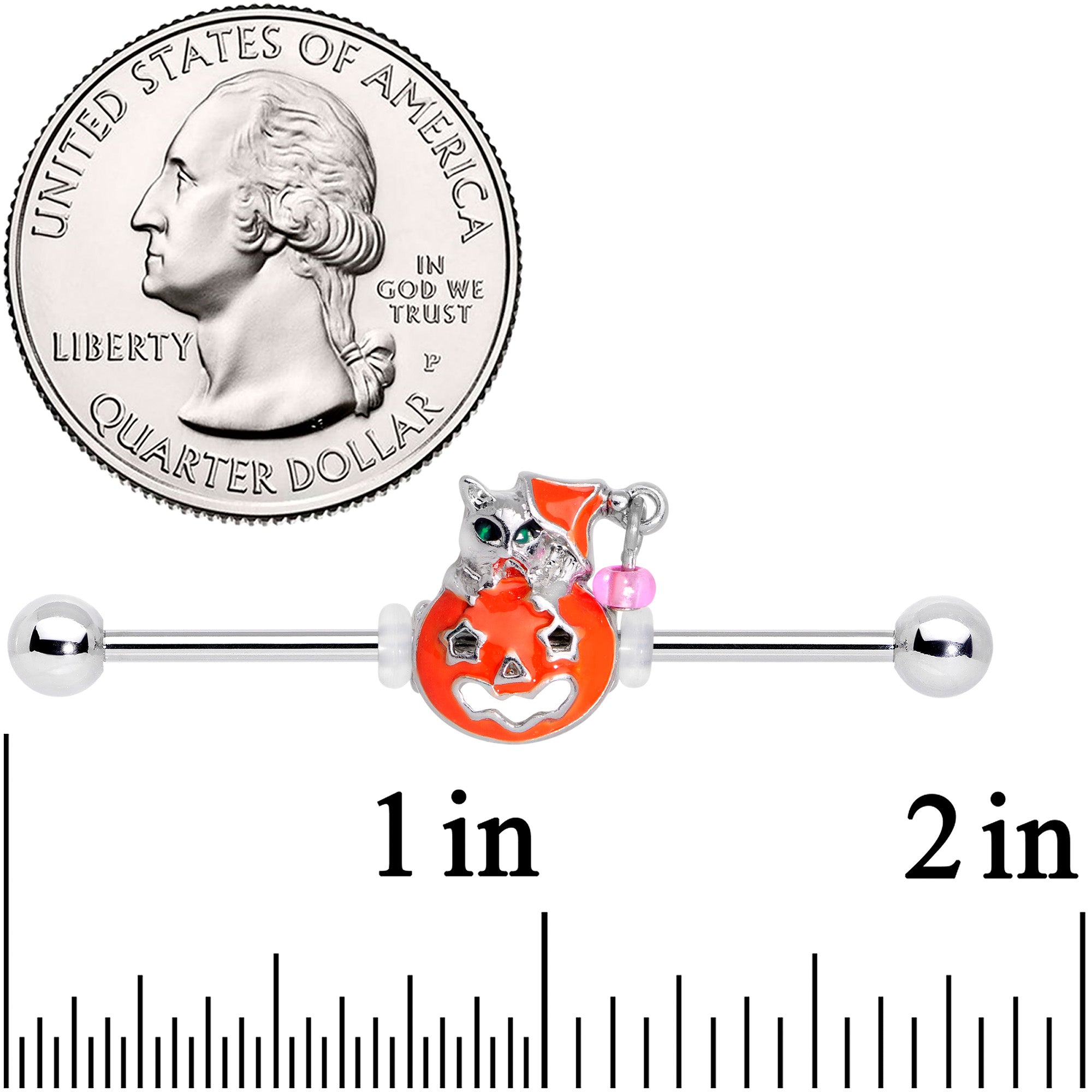 BodyCandy 14G Pink Gem Kitty Pumpkin Halloween Industrial Barbell 38mm — detail close-up