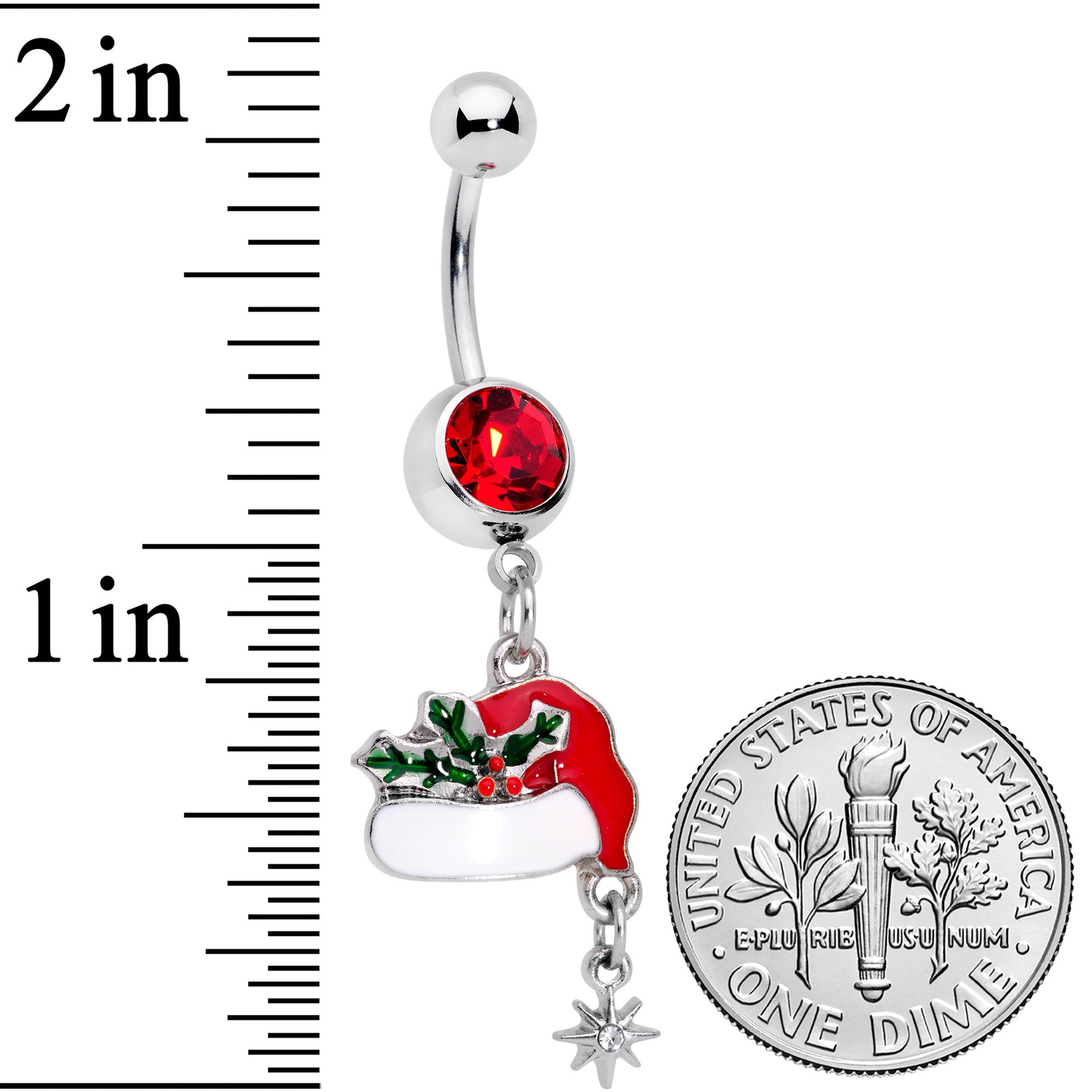 BodyCandy Clear Red Gem Jolly Santa Hat Christmas Dangle Belly Ring — detail close-up