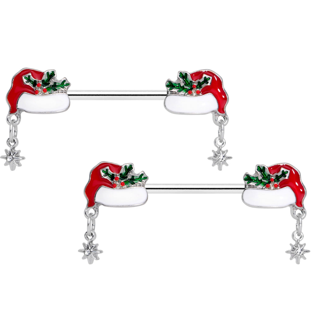 BodyCandy 14G 9/16 Clear Gem Jolly Santa Hat Christmas Nipple Ring Set — main product shot