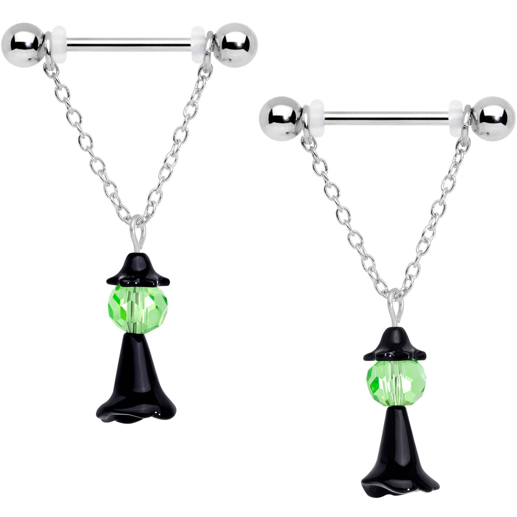 BodyCandy 14G 11/16 Green Gem Spooky Witch Halloween Dangle Nipple Ring Set — main product shot
