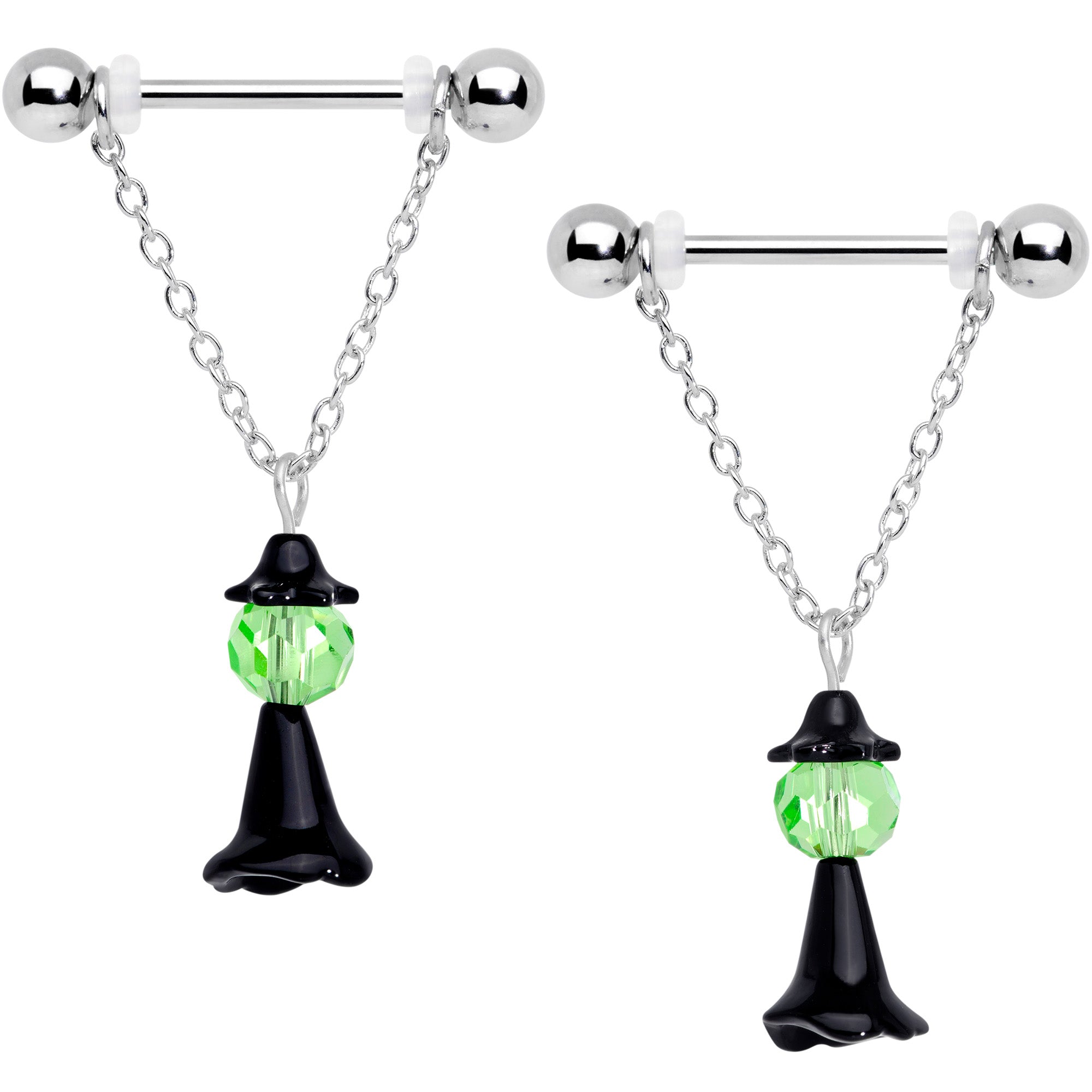 BodyCandy 14G 11/16 Green Gem Spooky Witch Halloween Dangle Nipple Ring Set — main product shot