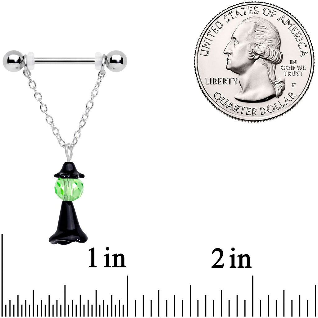 BodyCandy 14G 11/16 Green Gem Spooky Witch Halloween Dangle Nipple Ring Set — detail close-up