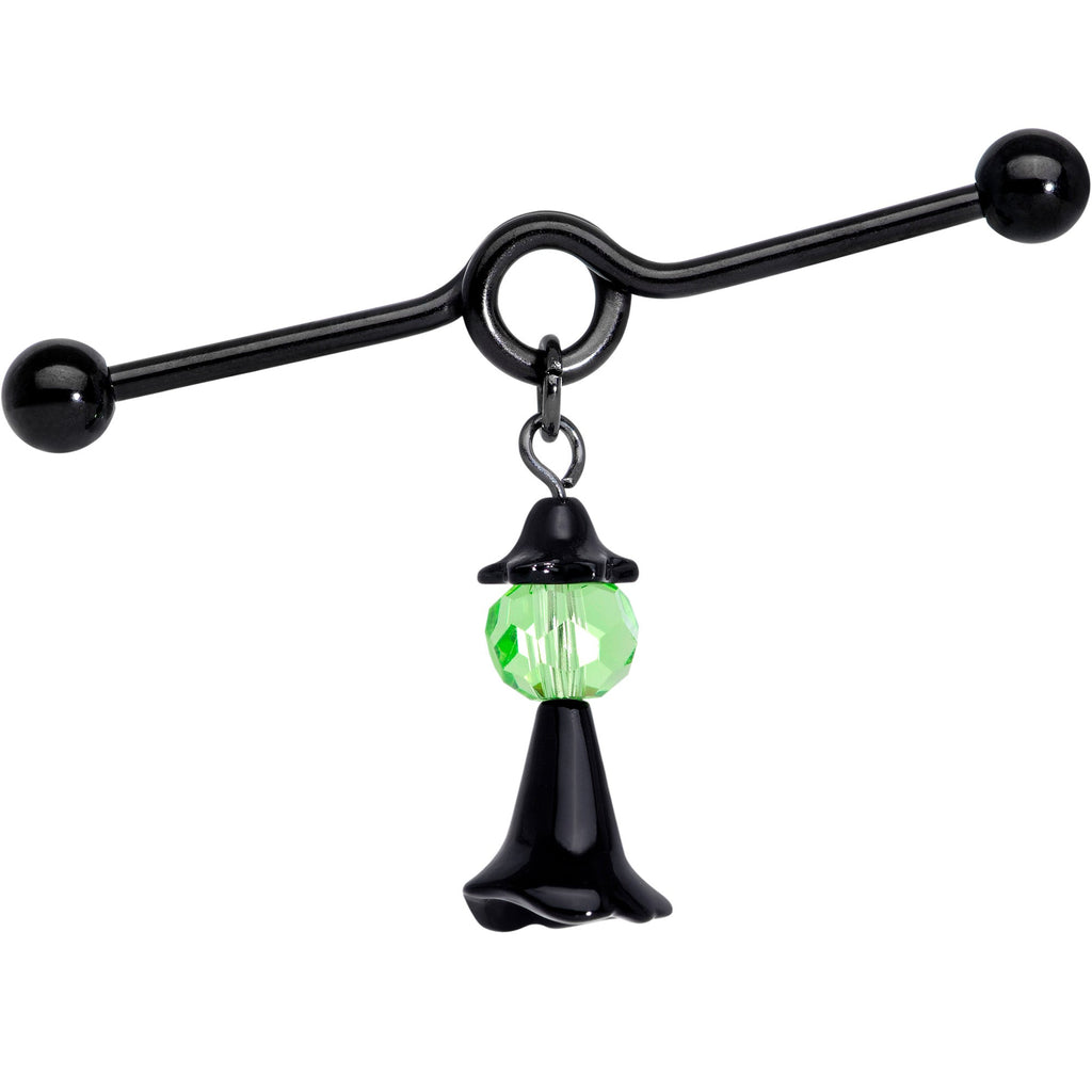 BodyCandy 14G Green Gem Black Witch Halloween Dangle Project Bar 38mm — main product shot