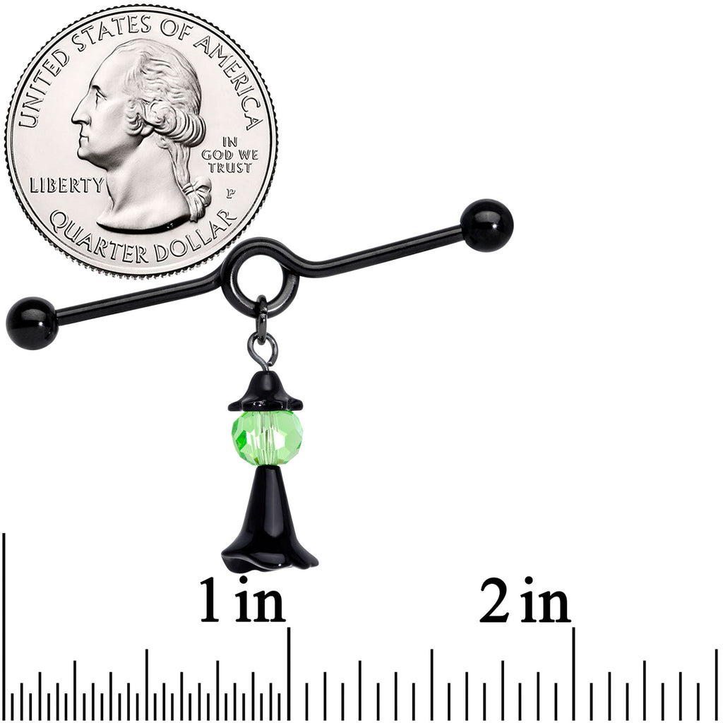 BodyCandy 14G Green Gem Black Witch Halloween Dangle Project Bar 38mm — detail close-up