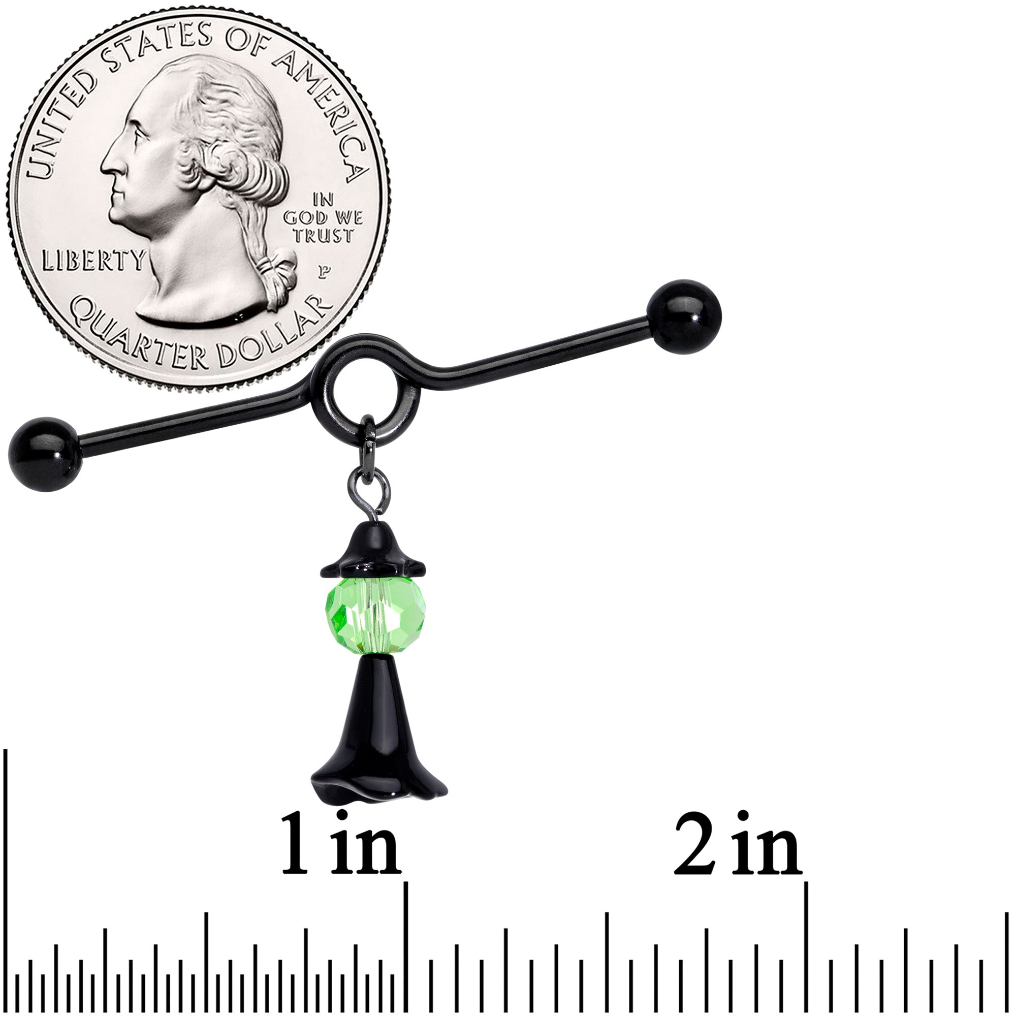 BodyCandy 14G Green Gem Black Witch Halloween Dangle Project Bar 38mm — detail close-up