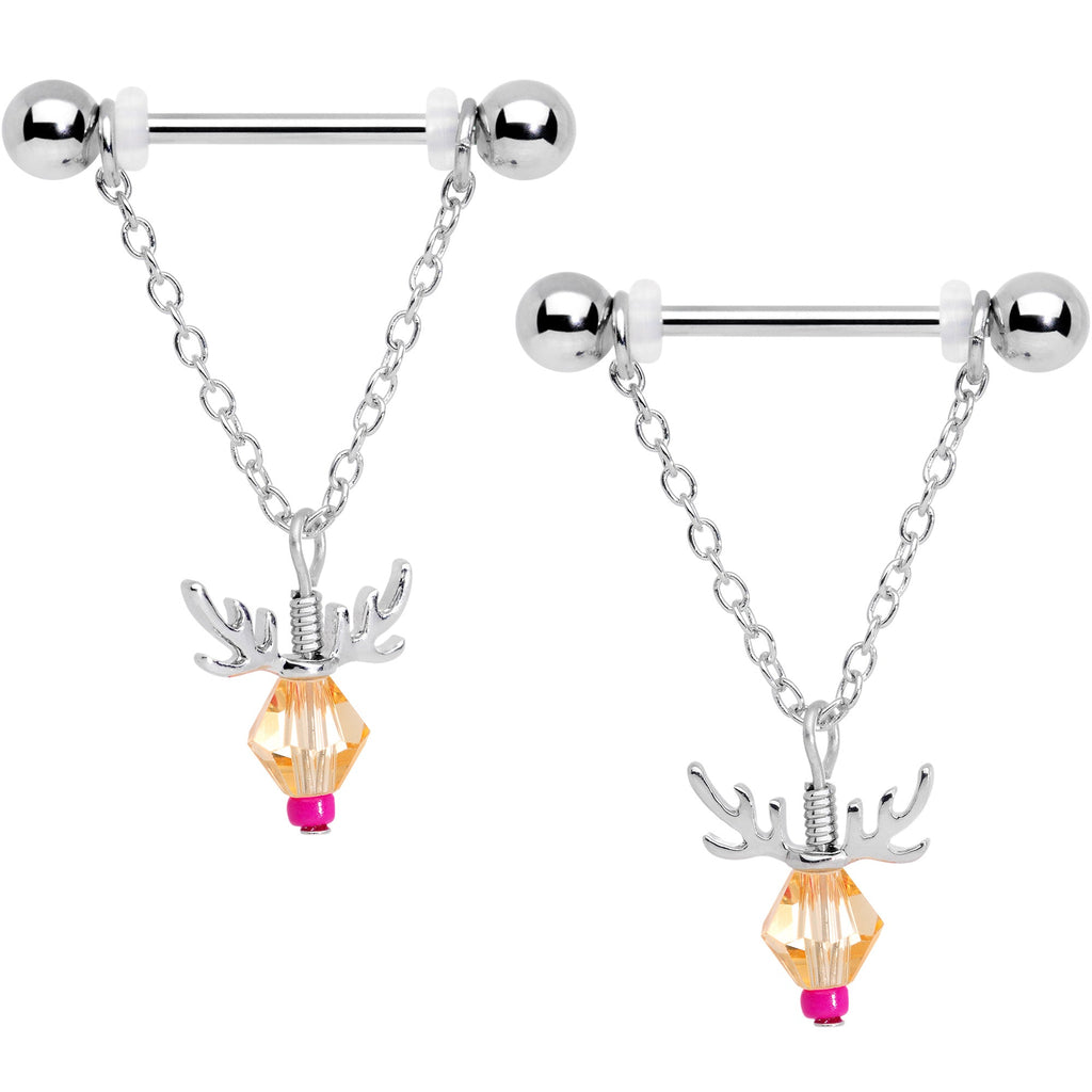 BodyCandy 14G 11/16 Tan Red Gem Reindeer Christmas Dangle Nipple Ring Set — main product shot