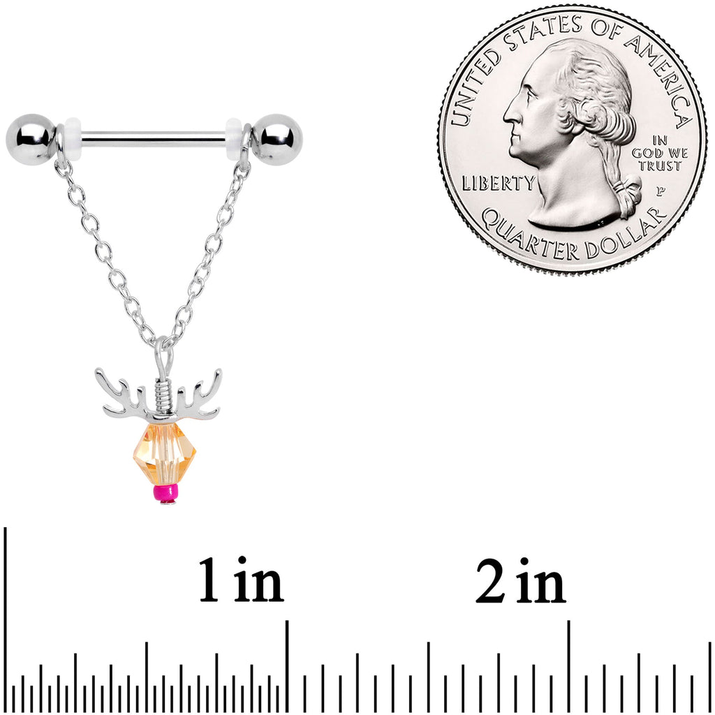 BodyCandy 14G 11/16 Tan Red Gem Reindeer Christmas Dangle Nipple Ring Set — detail close-up