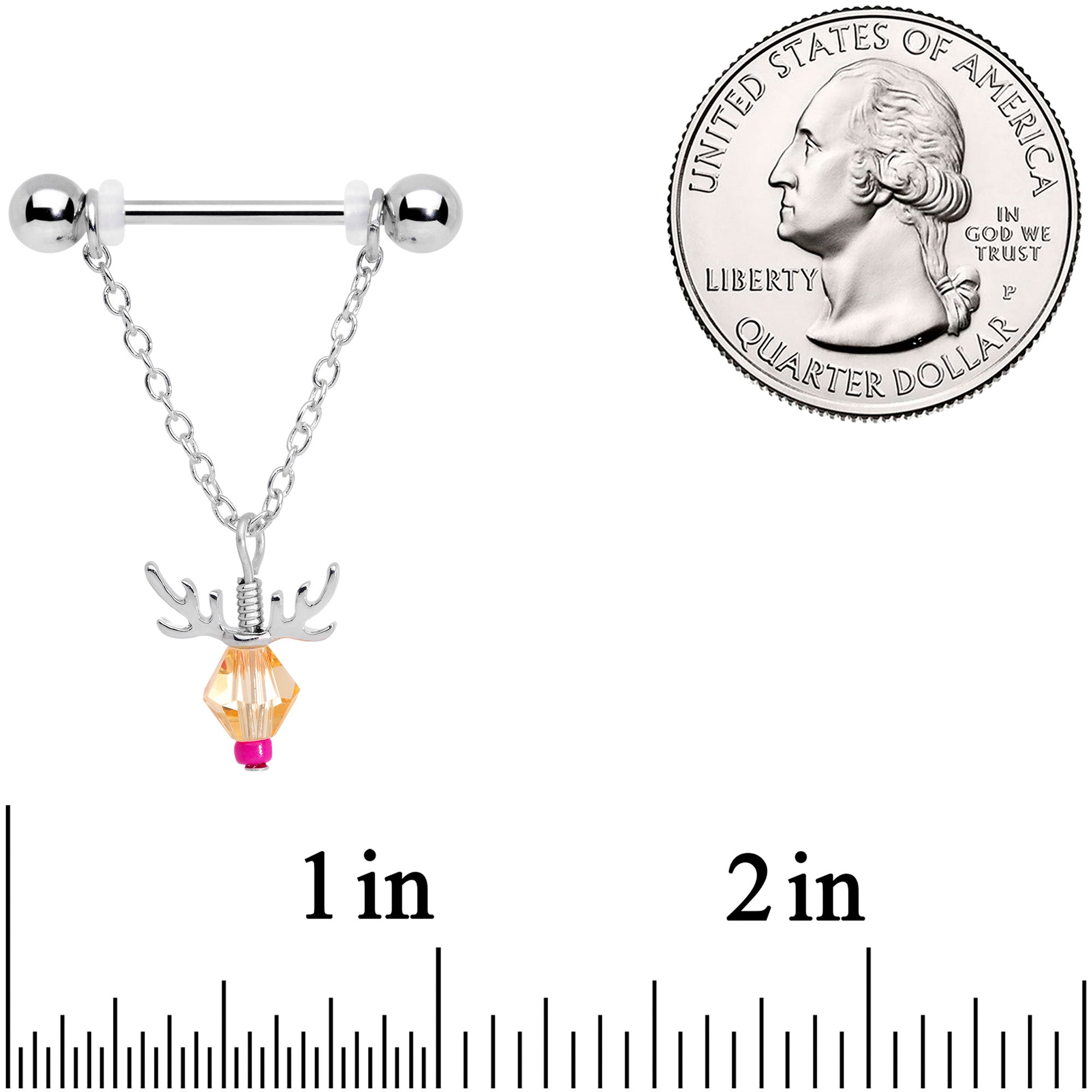 BodyCandy 14G 11/16 Tan Red Gem Reindeer Christmas Dangle Nipple Ring Set — detail close-up