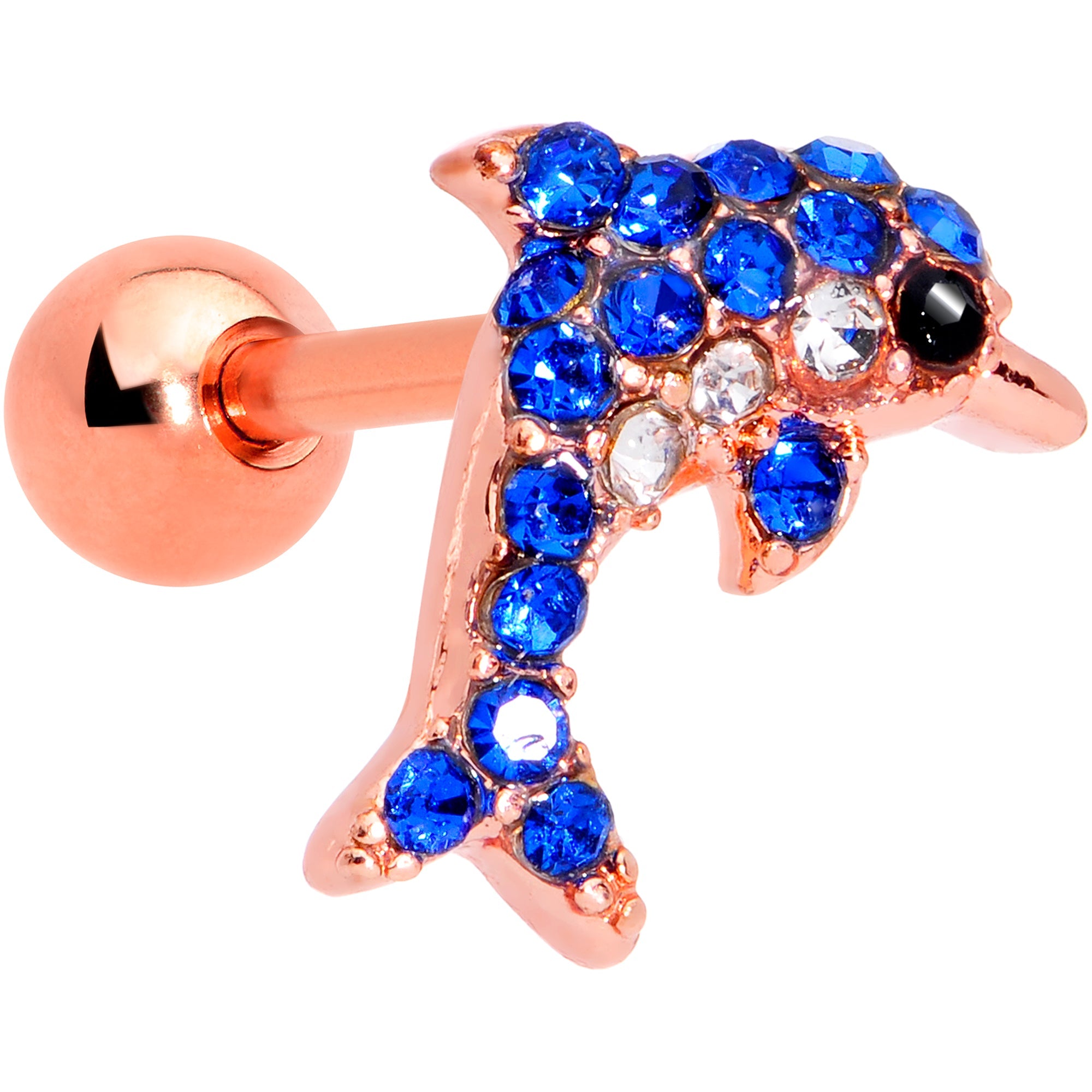 BodyCandy 16G 1/4 Blue Gem Rose Gold Tone Dolphin Cartilage Tragus Earring — main product shot