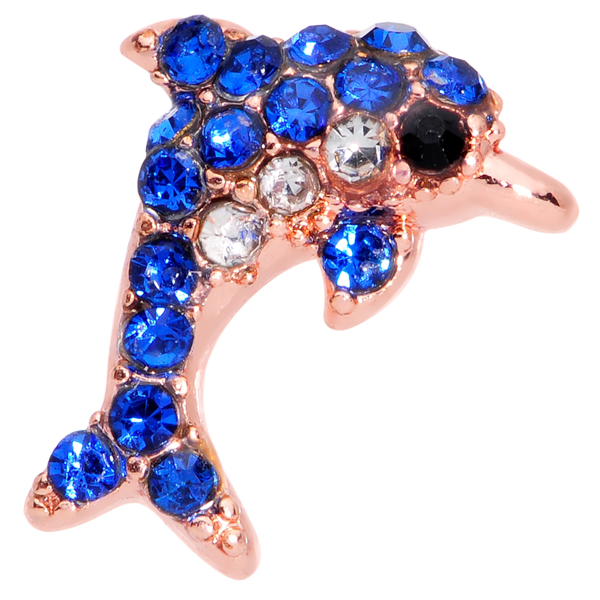 BodyCandy 16G 1/4 Blue Gem Rose Gold Tone Dolphin Cartilage Tragus Earring — detail close-up