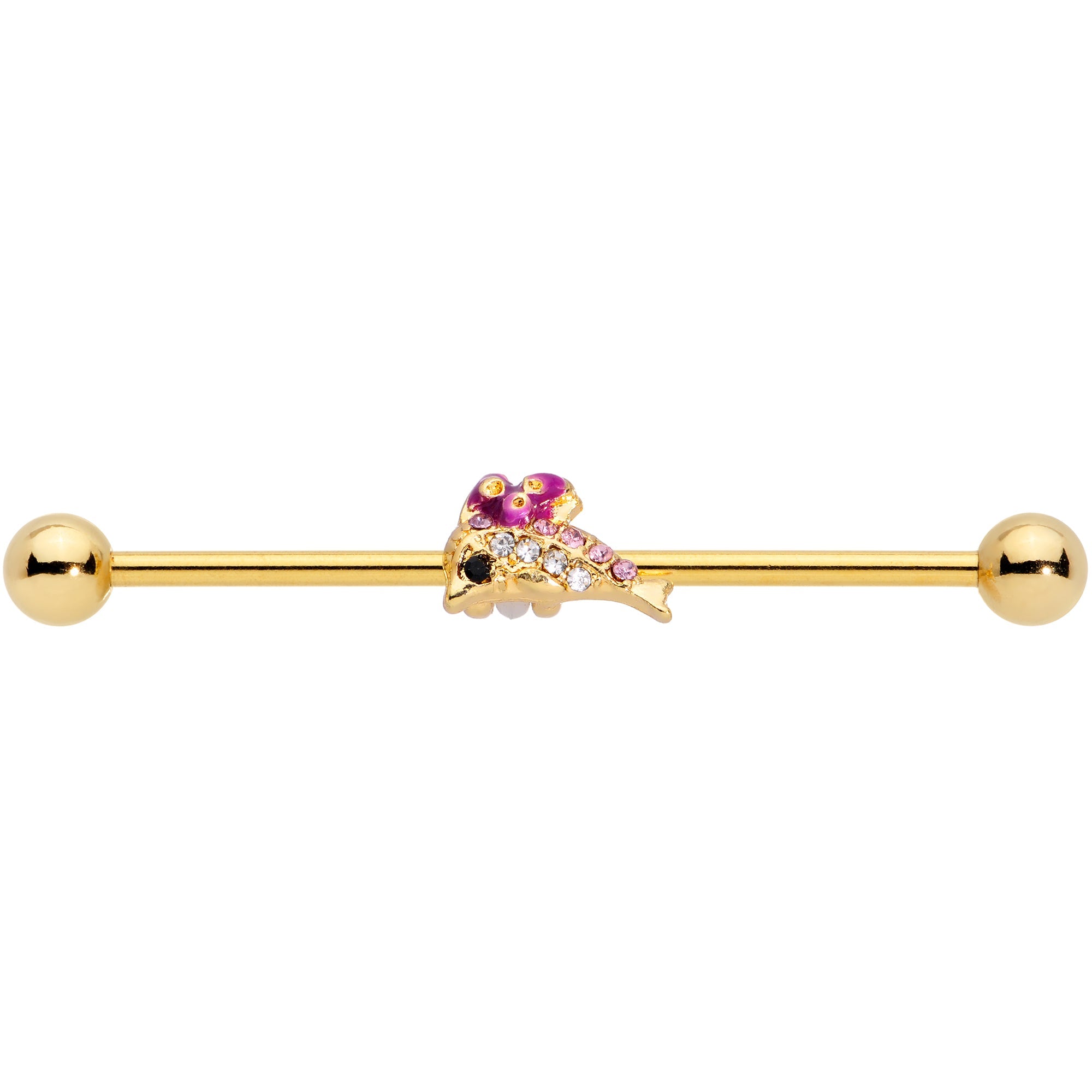 BodyCandy 14G Purple Gem Gold Tone Dainty Dolphin Industrial Barbell 38mm — detail close-up