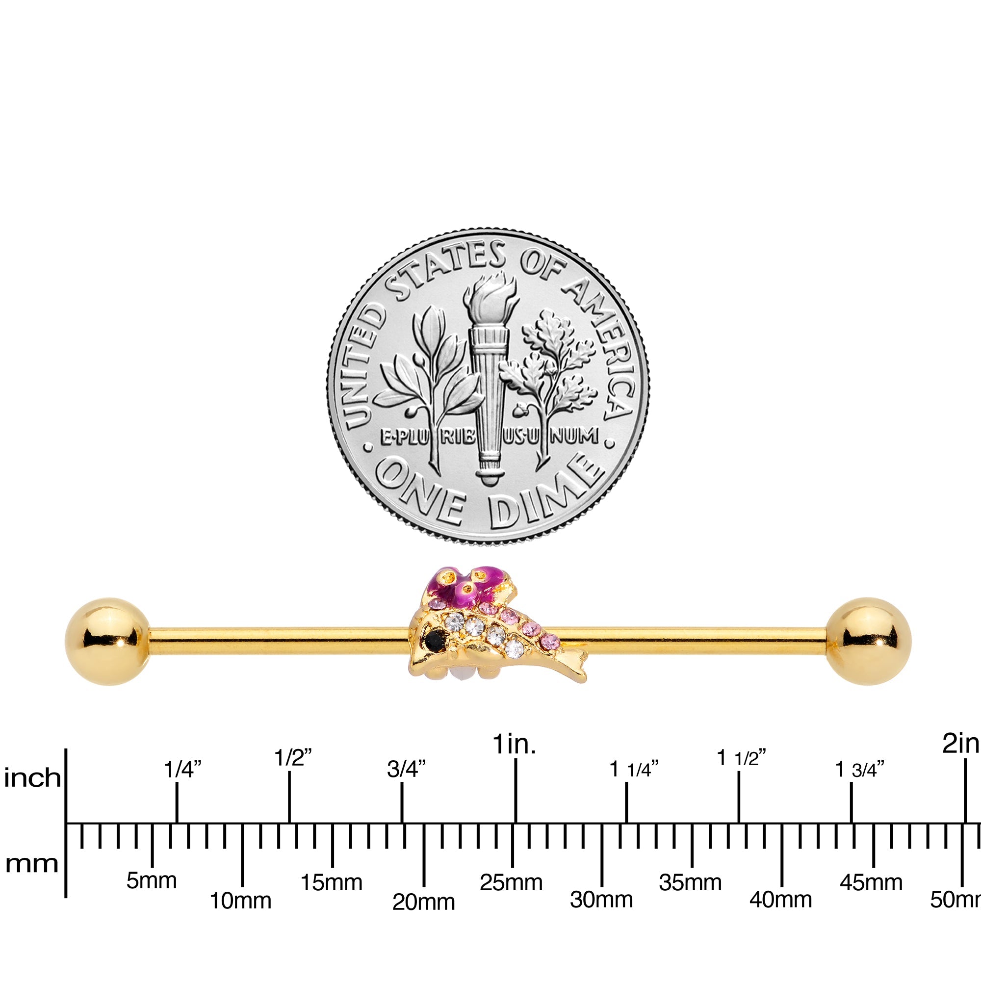BodyCandy 14G Purple Gem Gold Tone Dainty Dolphin Industrial Barbell 38mm — lifestyle context