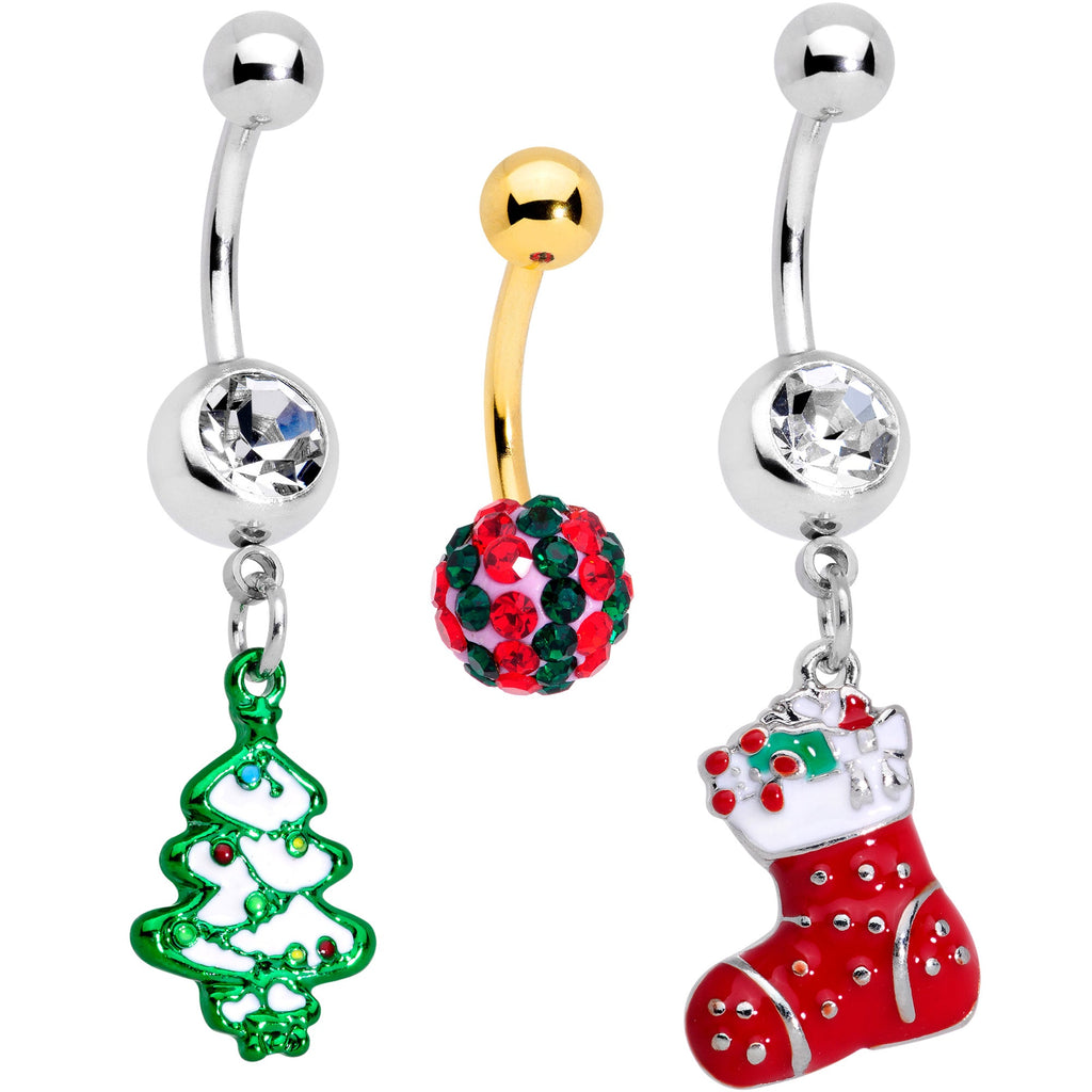 BodyCandy Clear Gem Gold Tone Tree Stocking Christmas Dangle Belly Ring Set of 3 — main product shot