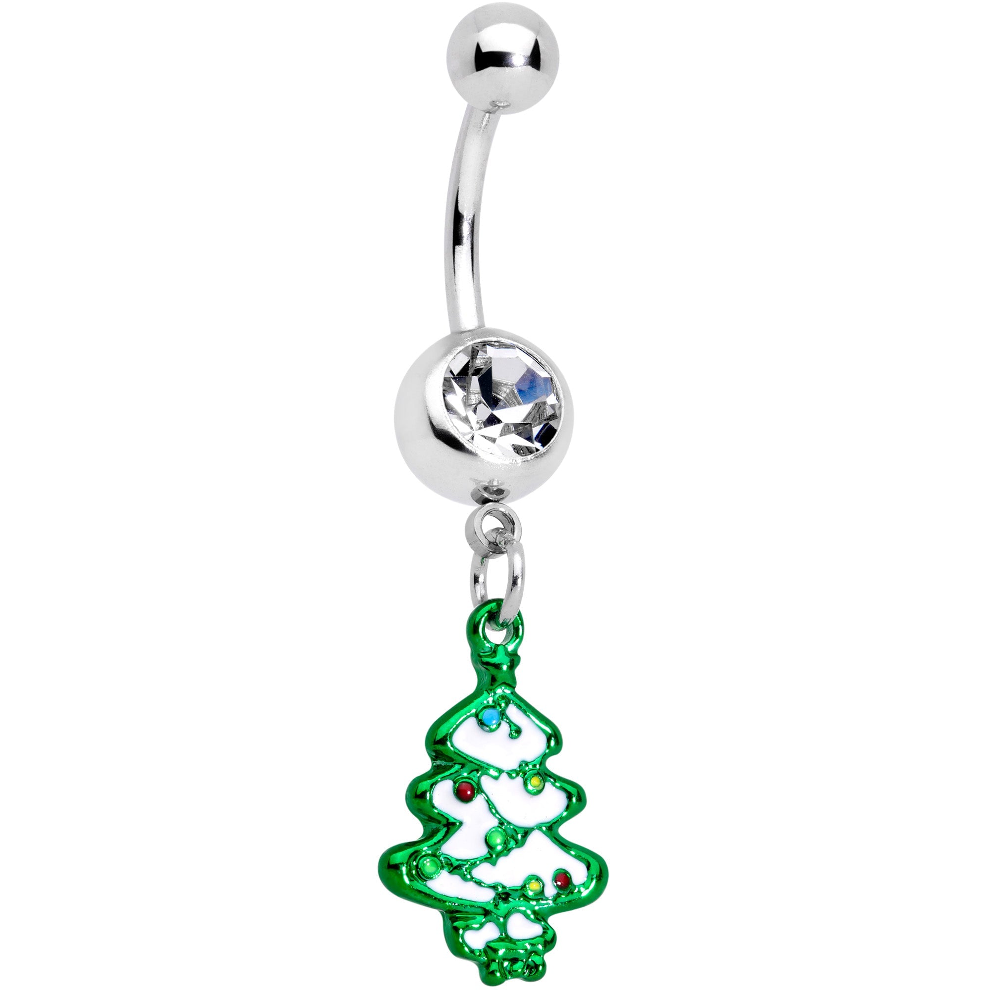 BodyCandy Clear Gem Gold Tone Tree Stocking Christmas Dangle Belly Ring Set of 3 — detail close-up